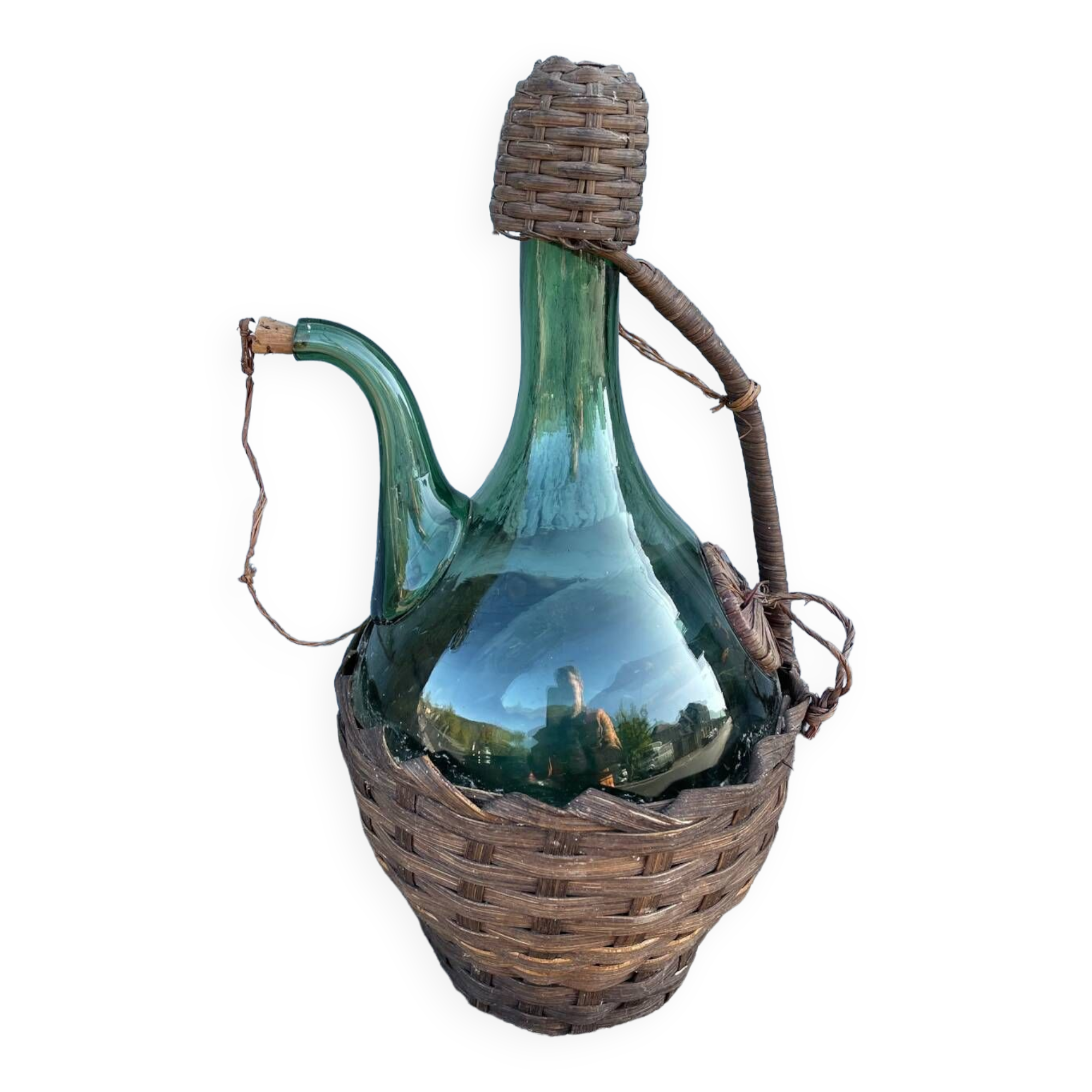 Vintage Green Italian Hand Blown Glass Wine Decanter with Ice Chamber
