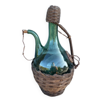 Vintage Green Italian Hand Blown Glass Wine Decanter with Ice Chamber