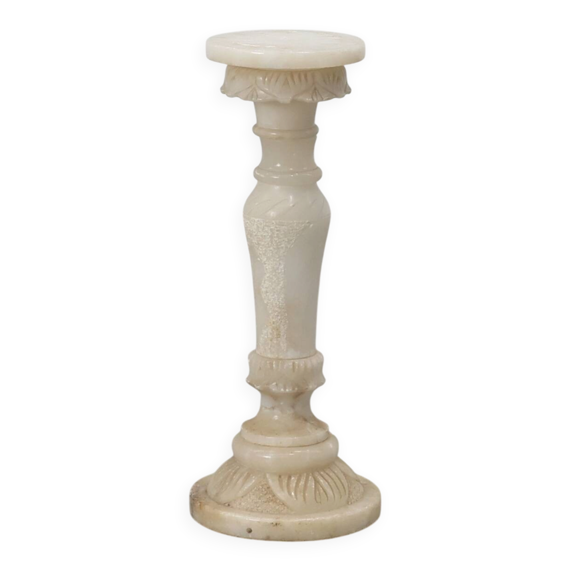Italian Turned Alabaster Pedestal Column with Carved Leaf Capital