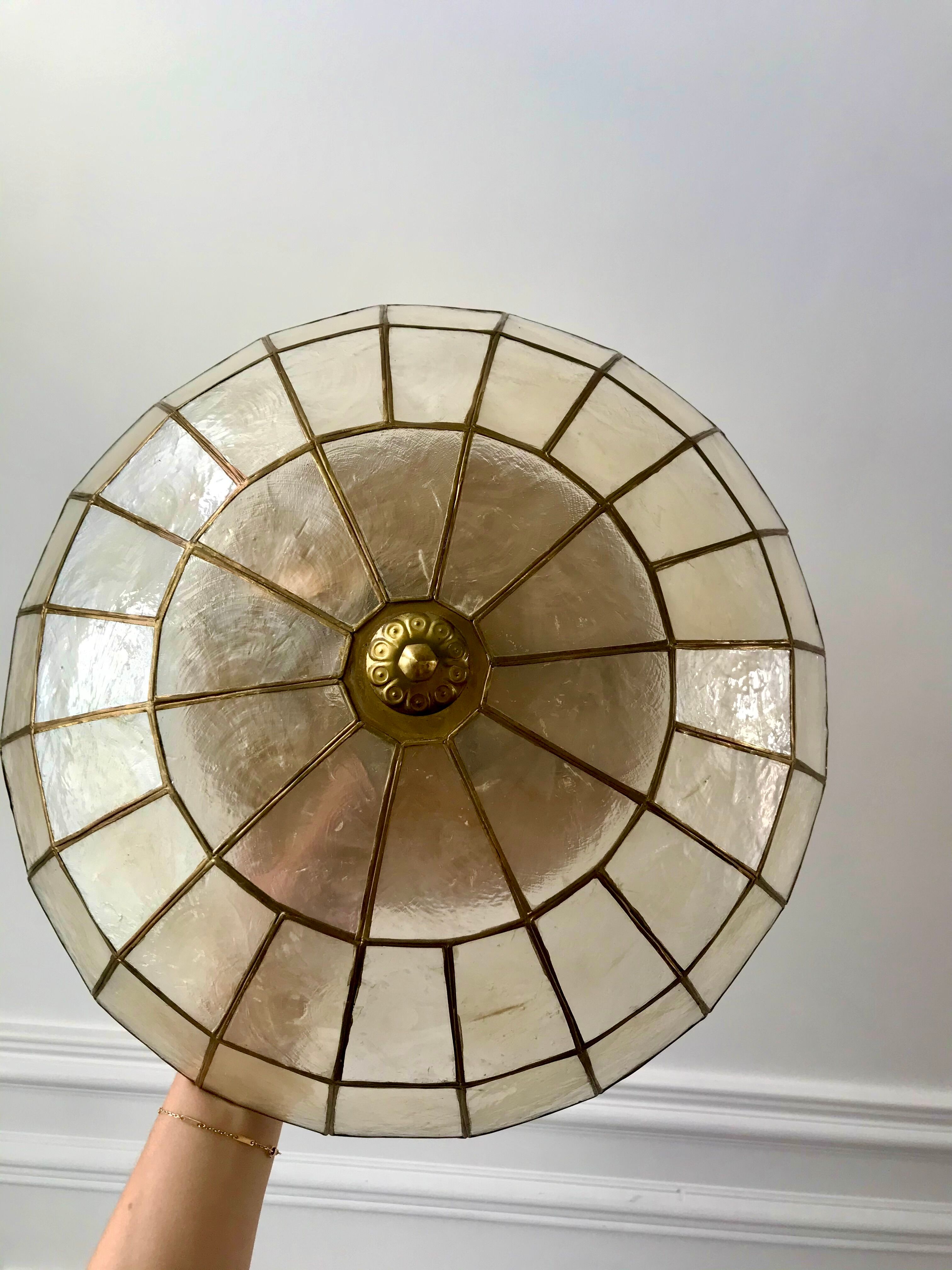 Ceiling lamp in mother-of-pearl and brass two fires 50s