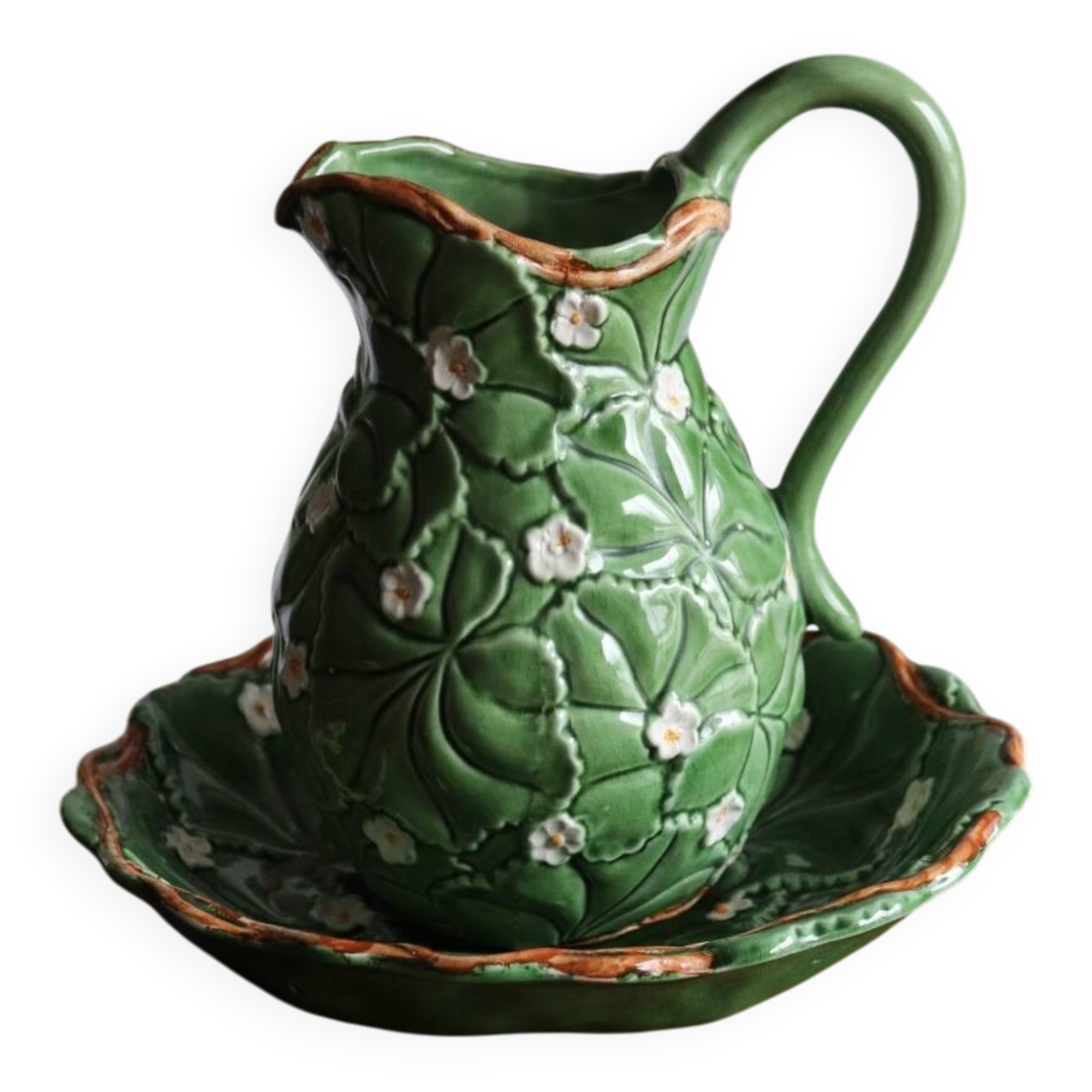 Pitcher and dish in strawberry leaf and flower slip