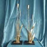 Pair of Golden Metal Lamps Reeds Work circa 1960 1970 Hollywood Regency