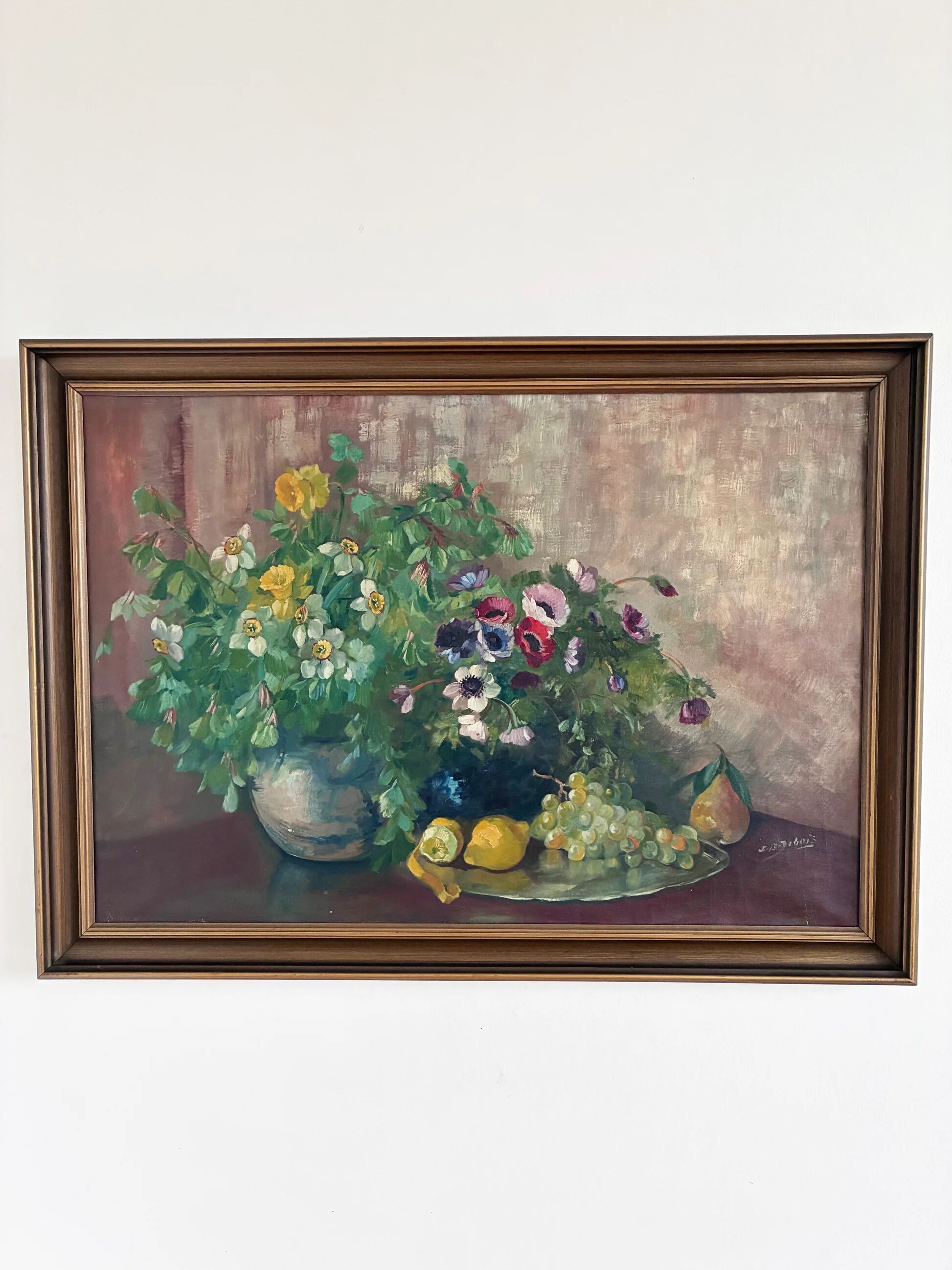 Large vintage original floral still life painting with fruit