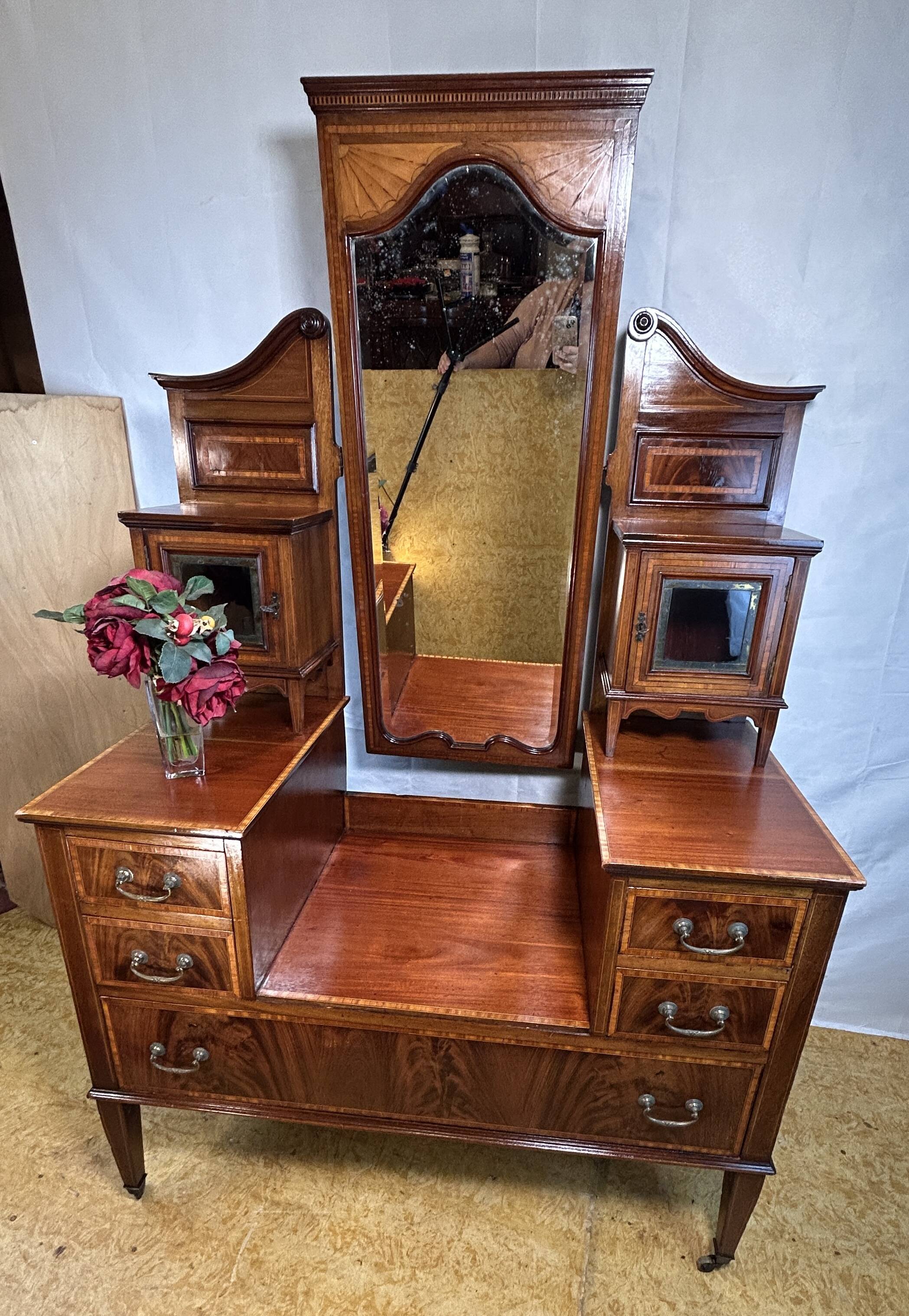 Edwardian Vintage Inlaid Console Hall Table / Dressing Table – 1900–1910