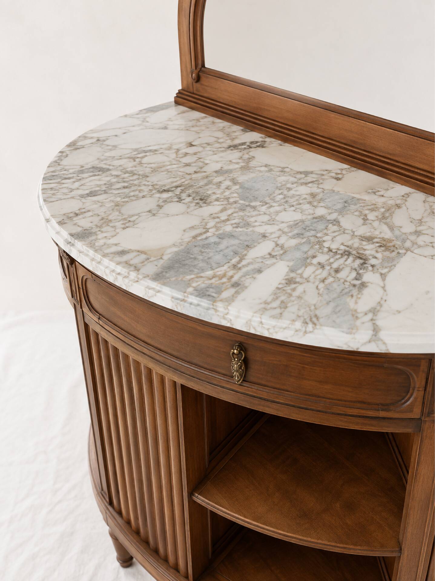 1930s buffet console in solid mahogany, marble and bevelled mirror.