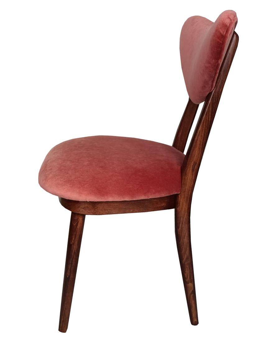 Mid-century orange rose velvet heart chair, walnut wood, Poland, 1960s.