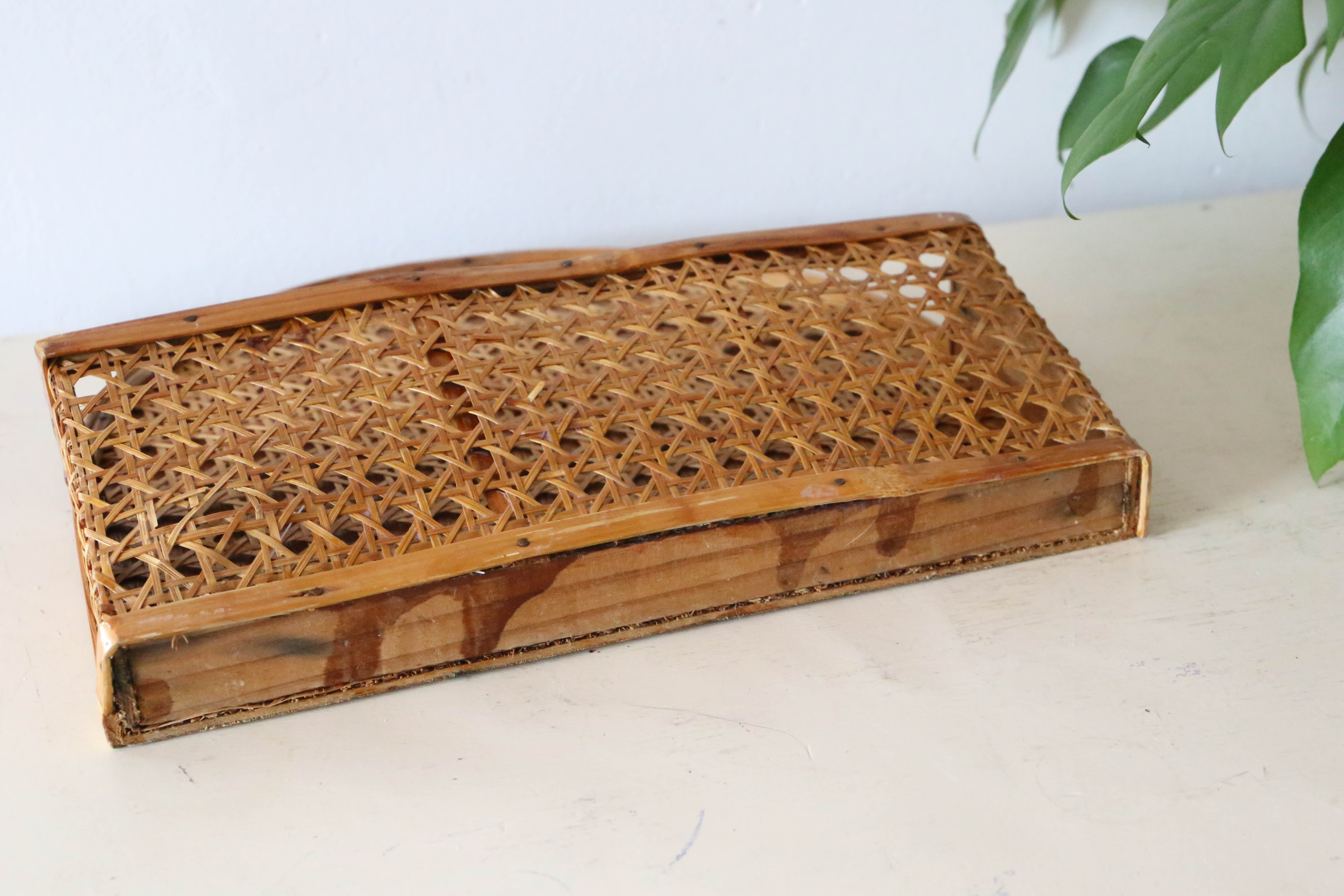 Mail holder, empty wall pocket, wicker and cannage, vintage