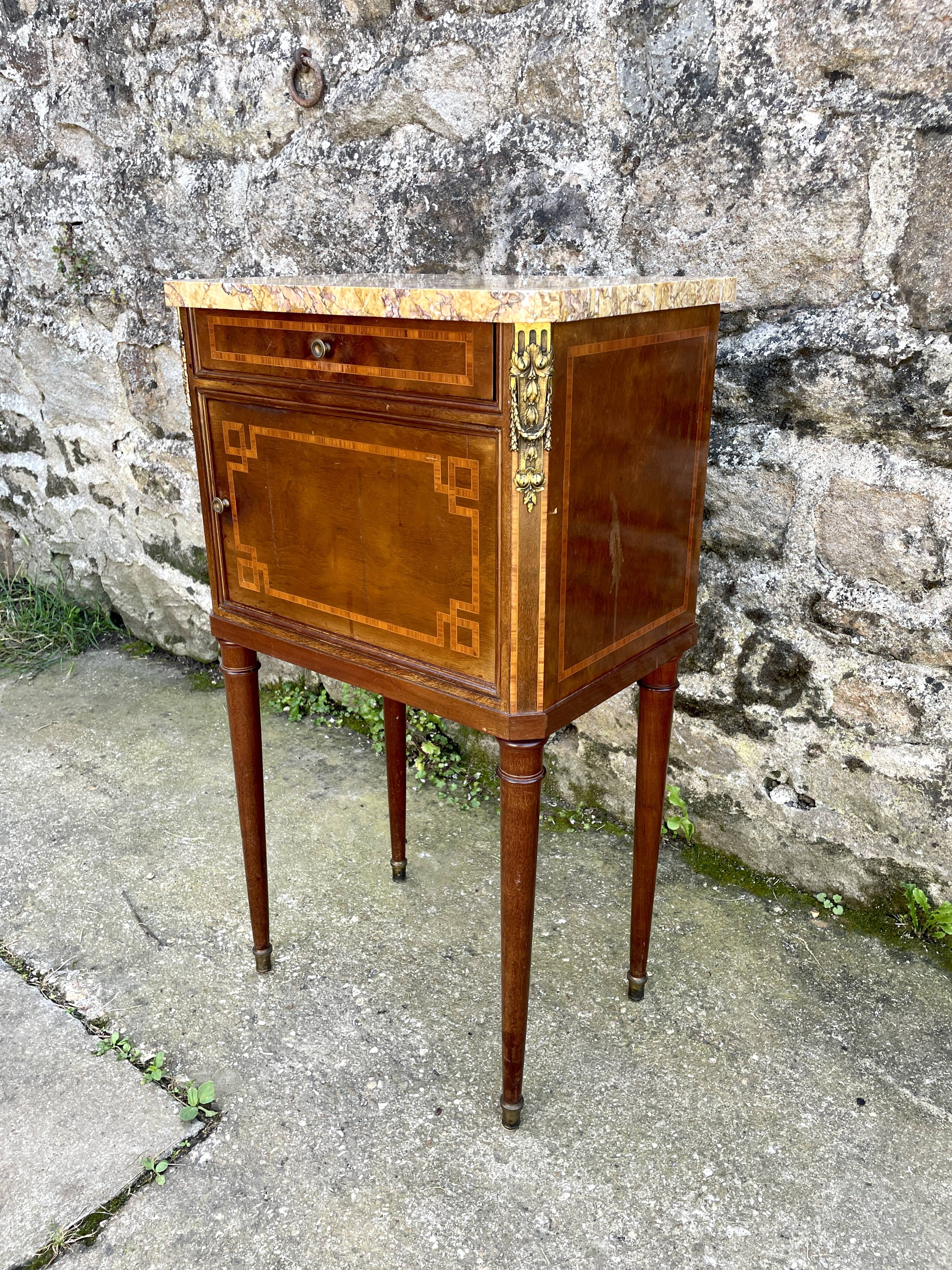 Louis XVI style bedside table in bronze, marble and ceramic