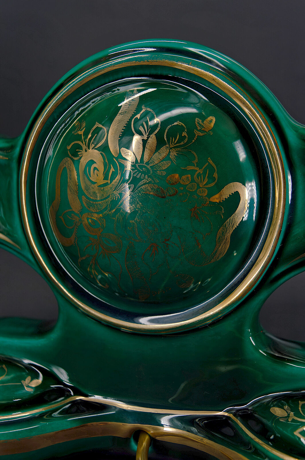 Pair of lamps in green and gold earthenware, circa 1940