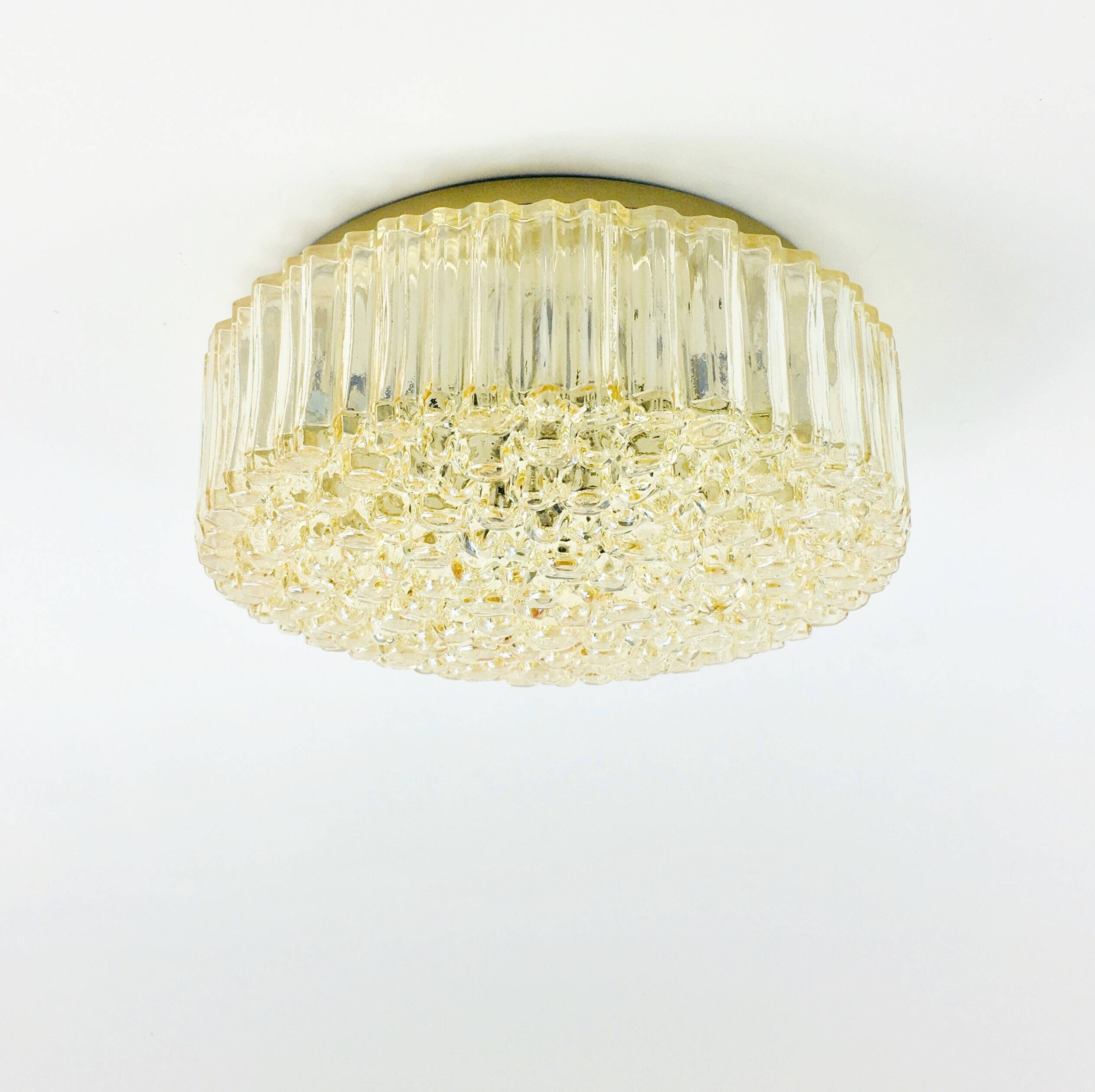 Plafonnier/Plafonnier Mid-Century en Verre Bullé Ambré par Helena Tynell pour Limburg, Allemagne, 1970