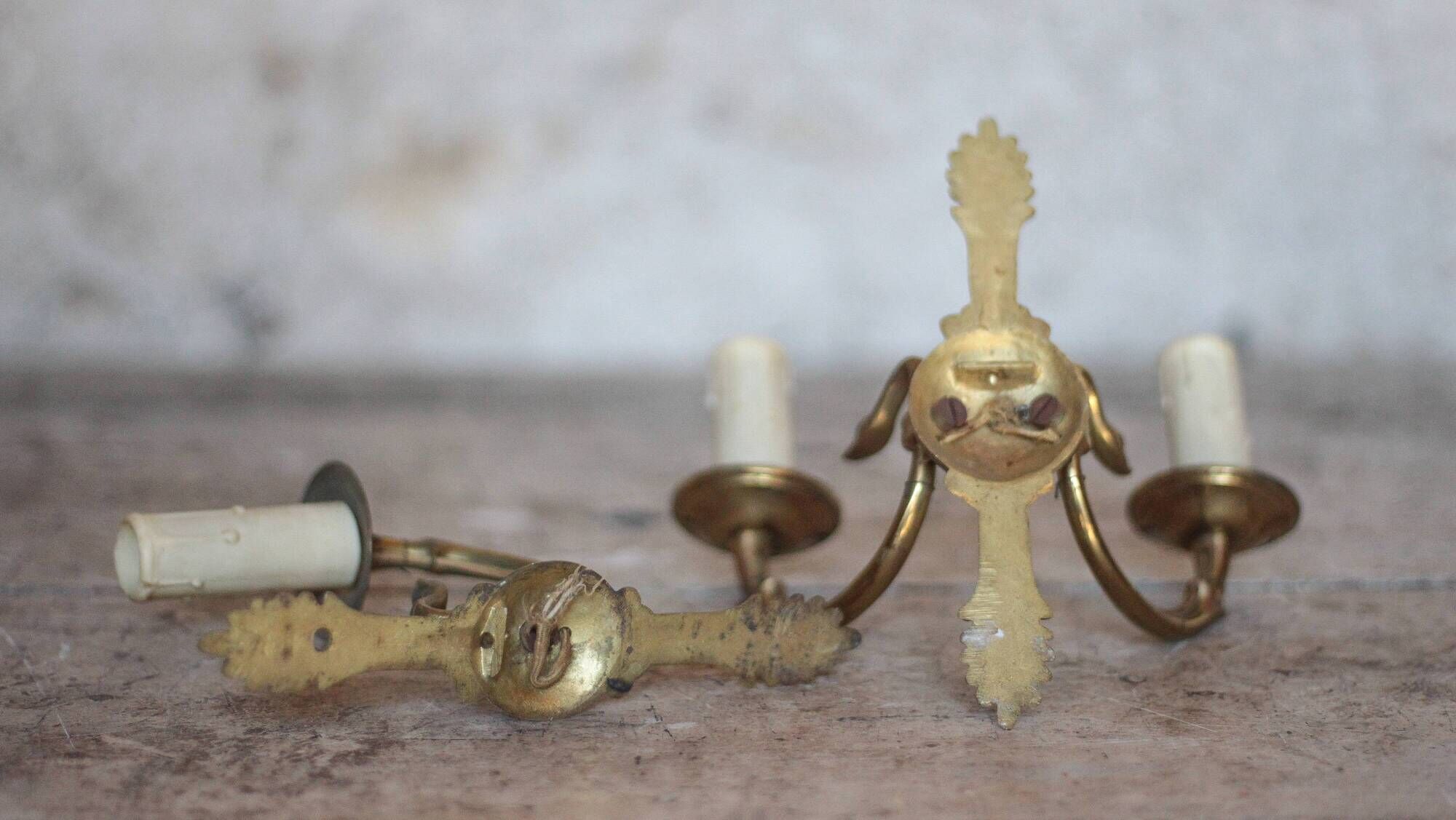 Pair of Empire style bronze wall lights, bronze wall light with palmette and swan neck.