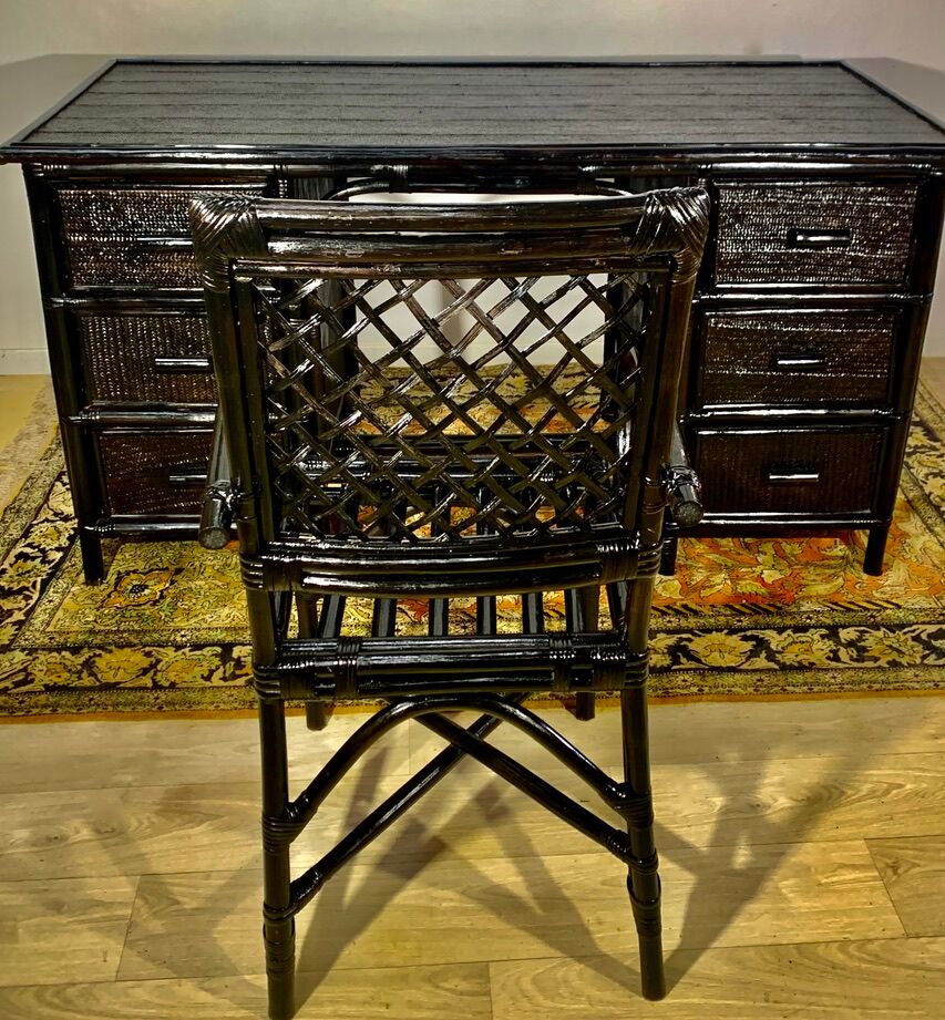 Desk and office chair in bamboo and black lacquered rattan, 60s, 70s