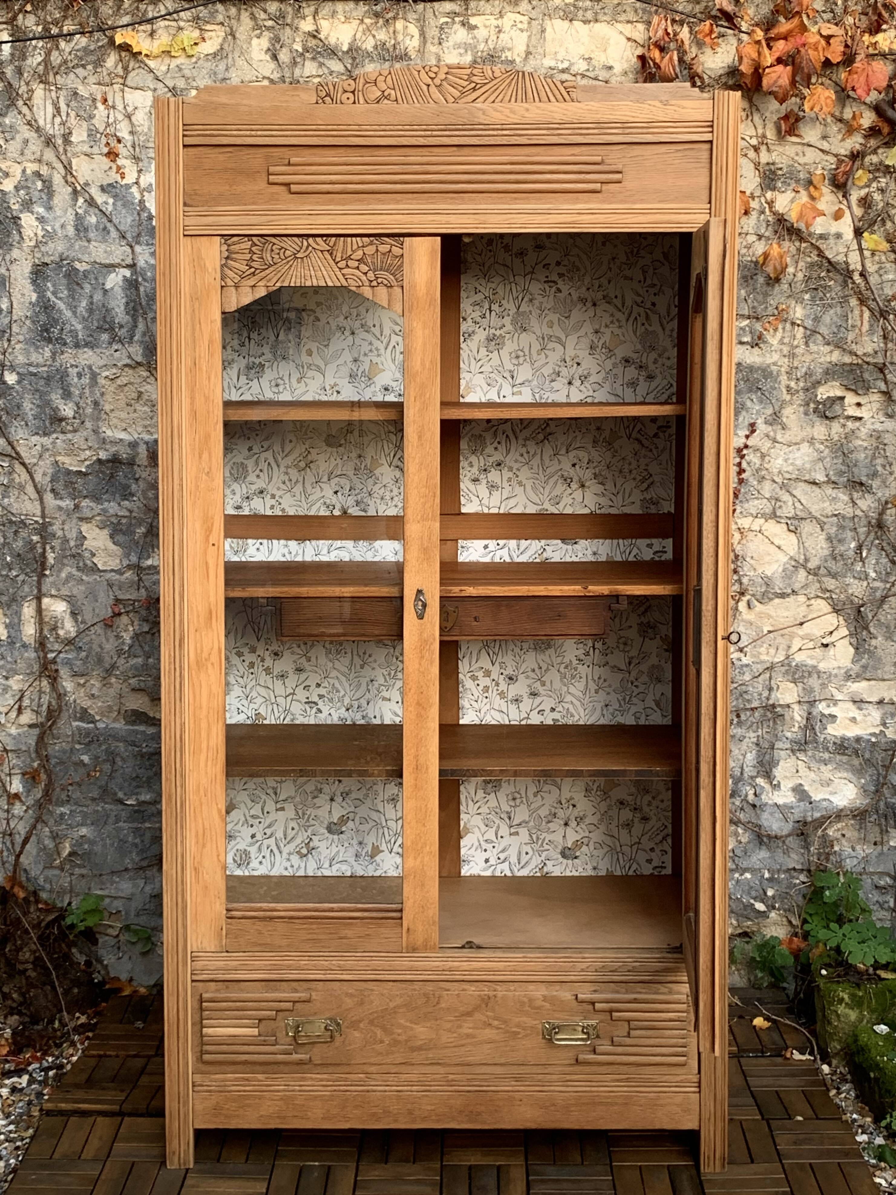 Parisian art deco glass cabinet in raw wood