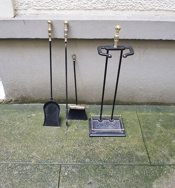 Old Wrought Iron & Brass Fireplace Servant - 3 Tools