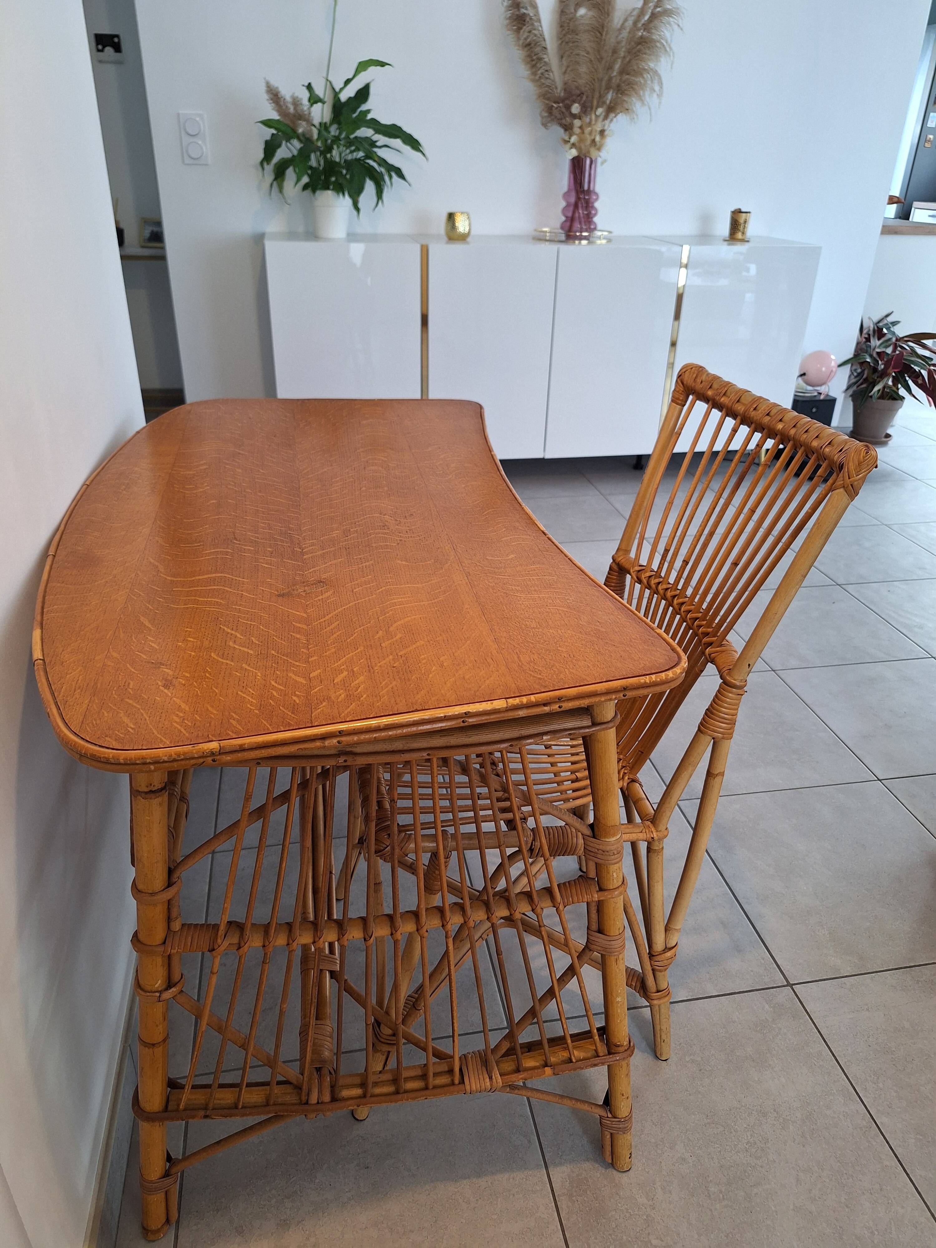 Rattan and bamboo desk with chair - Audoux Minet style from the 1970s.