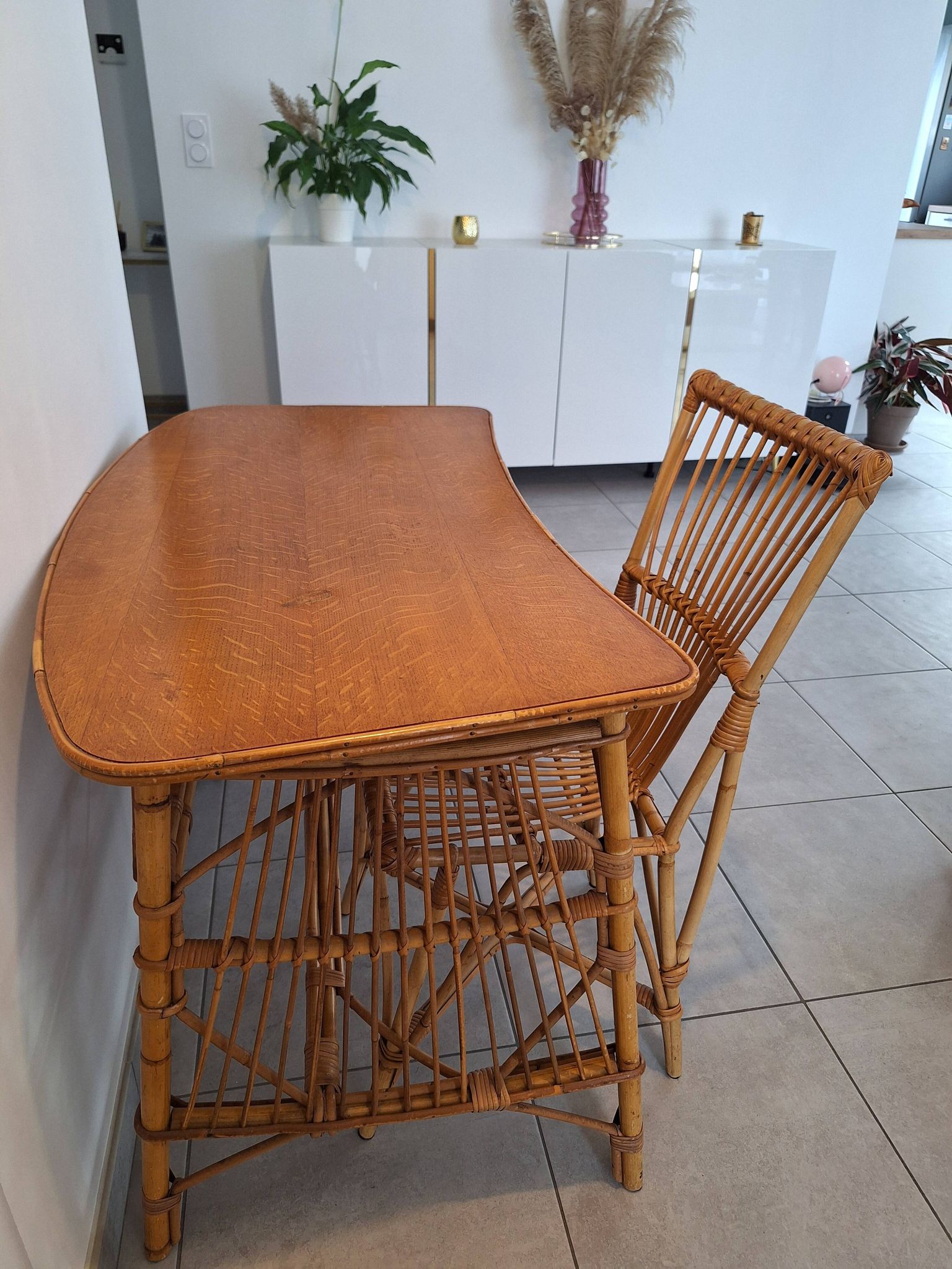 Rattan and bamboo desk with chair - Audoux Minet style from the 1970s.
