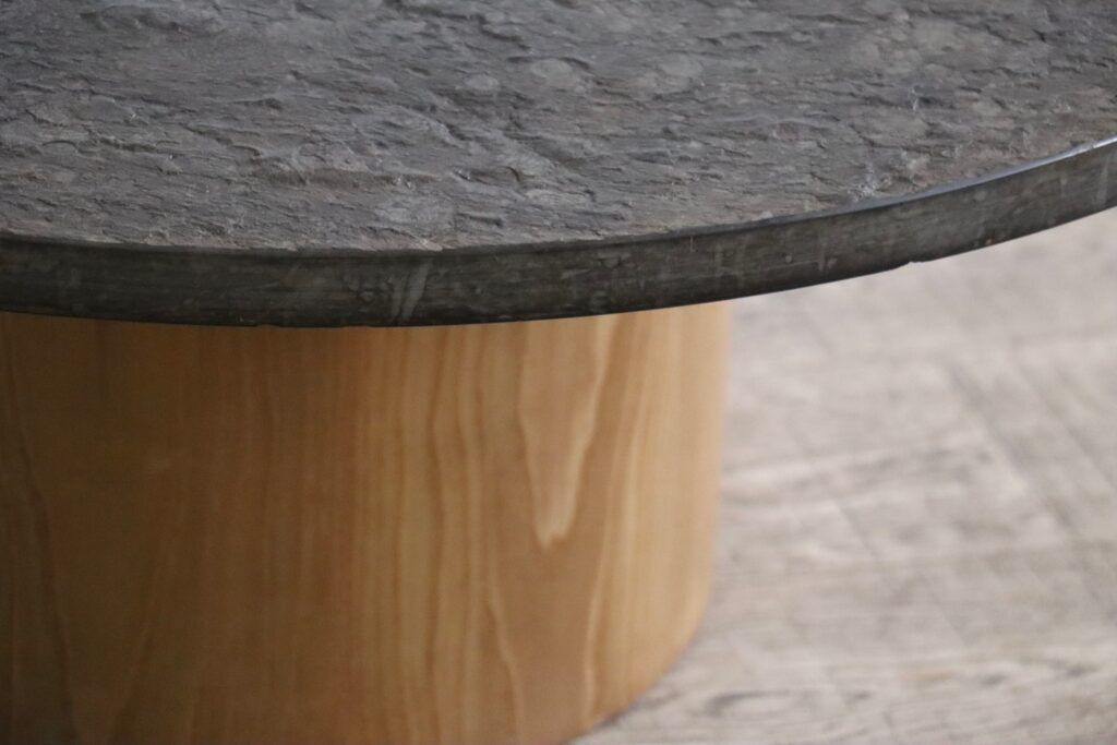 Peter Draenert studios coffee table in fossil stone and oak, Germany 1970s