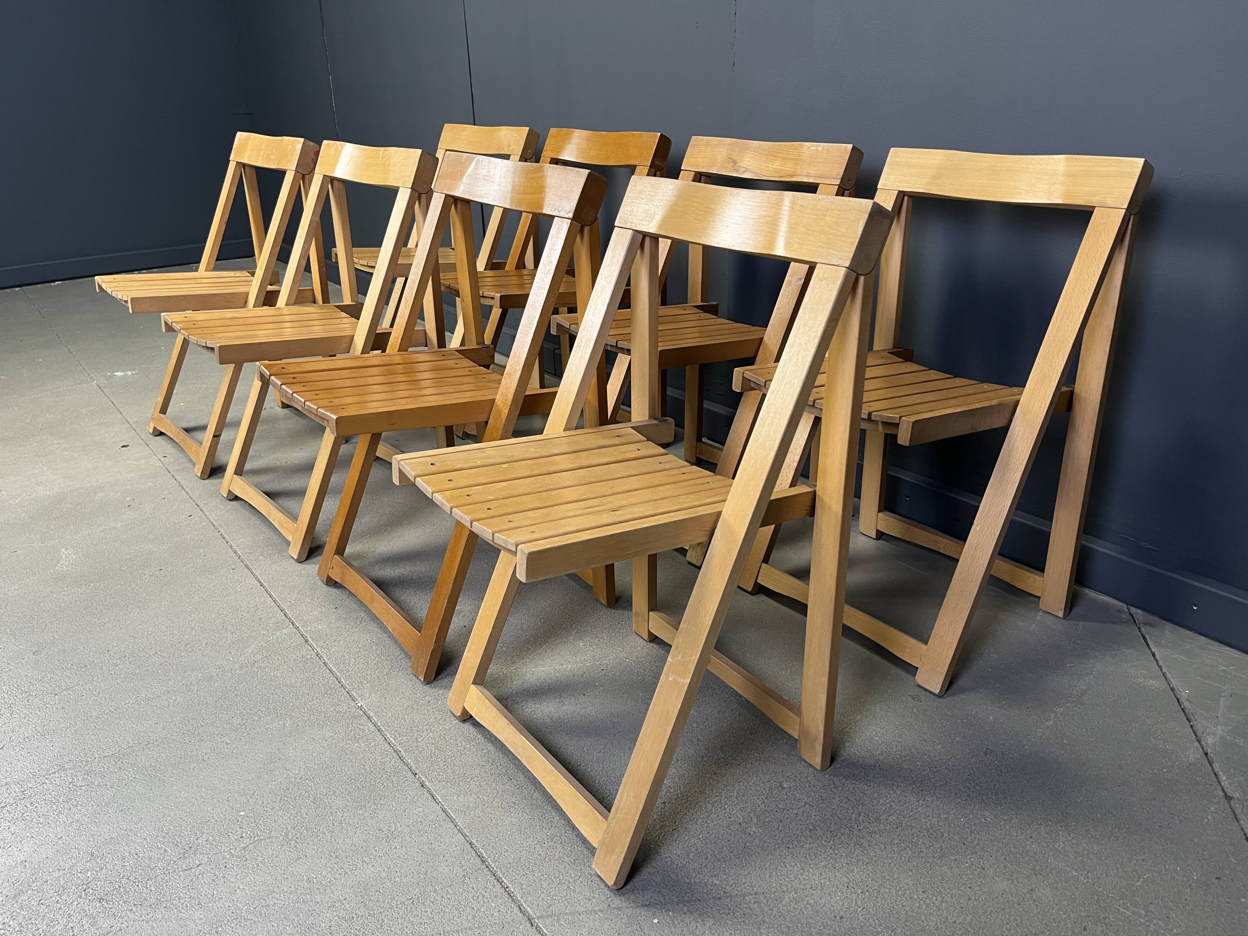 Chaises pliantes vintage en bois, lot de 8, années 1960