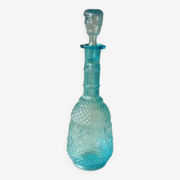 Blue molded glass carafe with diamond tip grape blues decoration