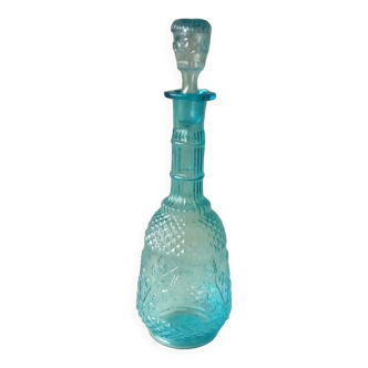 Blue molded glass carafe with diamond tip grape blues decoration