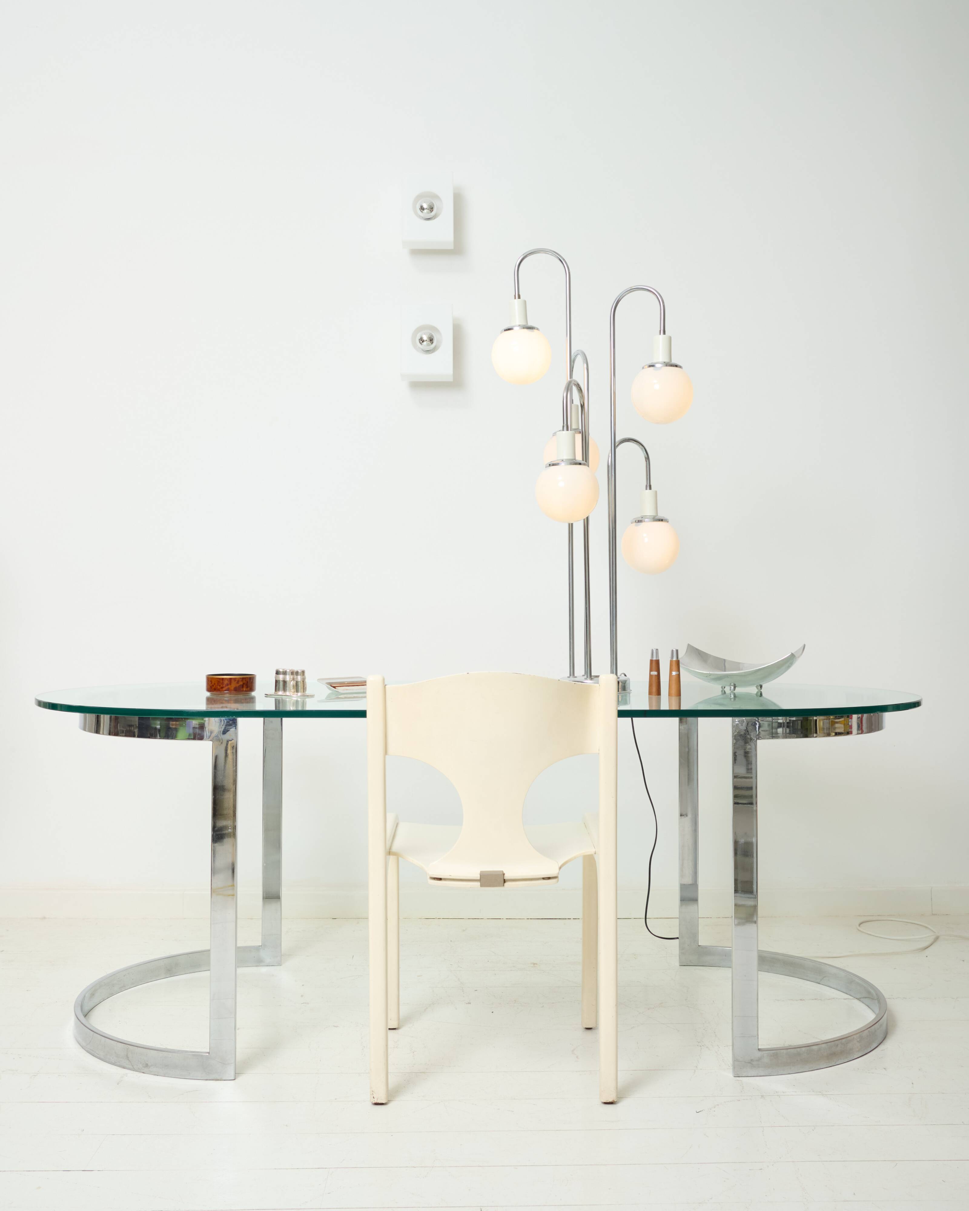 Dining table with a circular base.