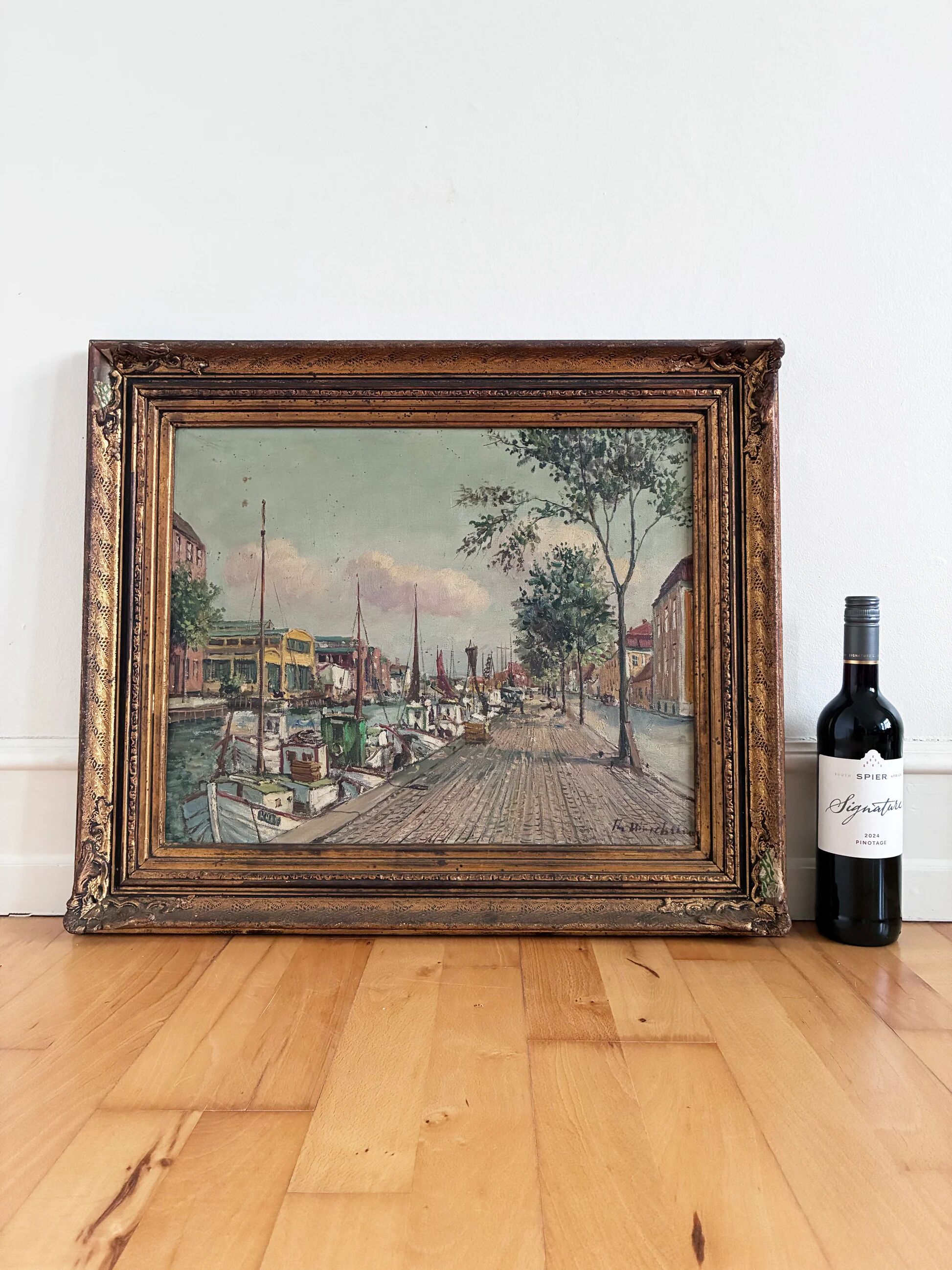 Vintage original Scandinavian harbor oil painting
