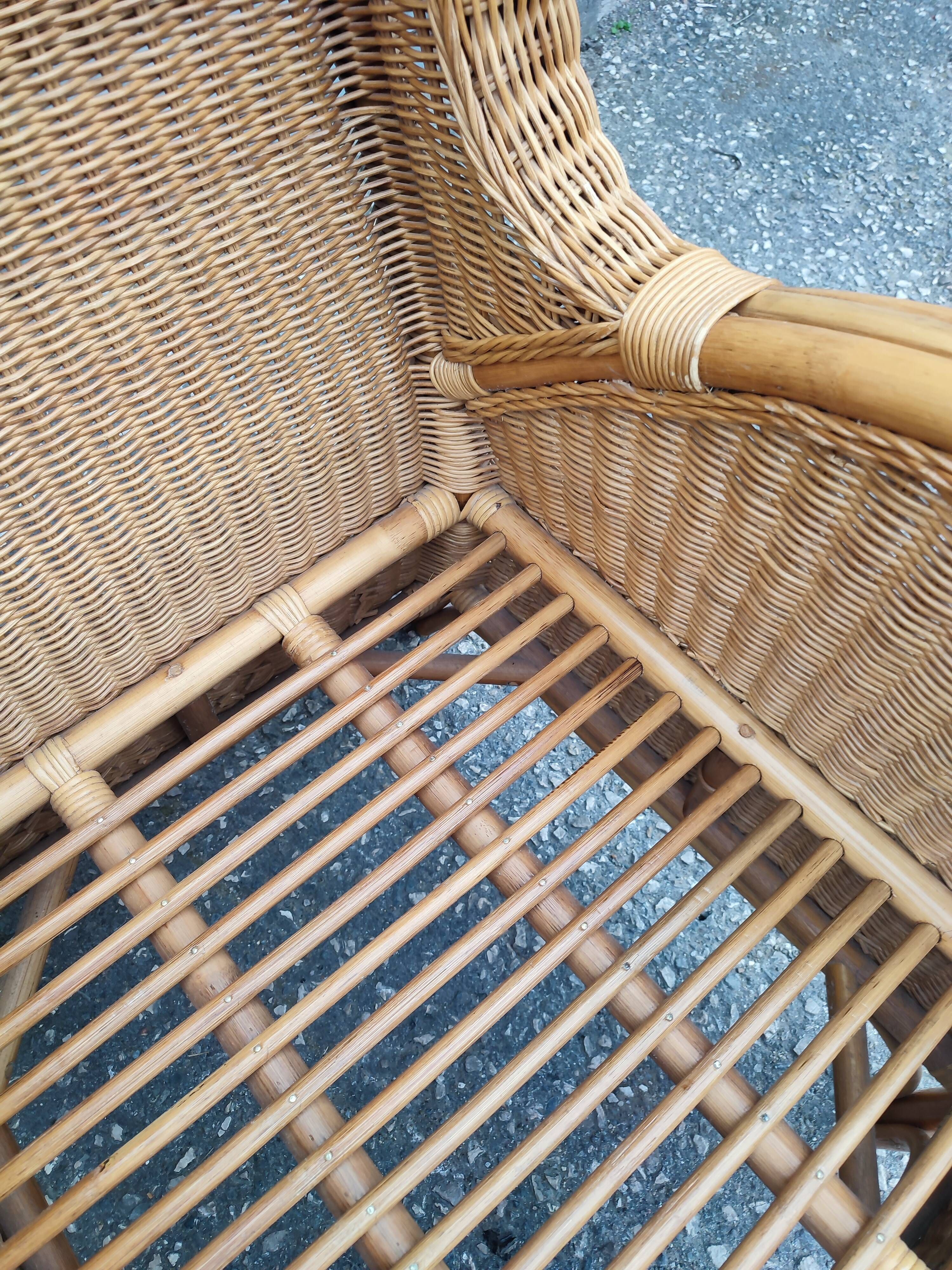 Pair of old armchairs wicker rattan & foot rest vintage year 60