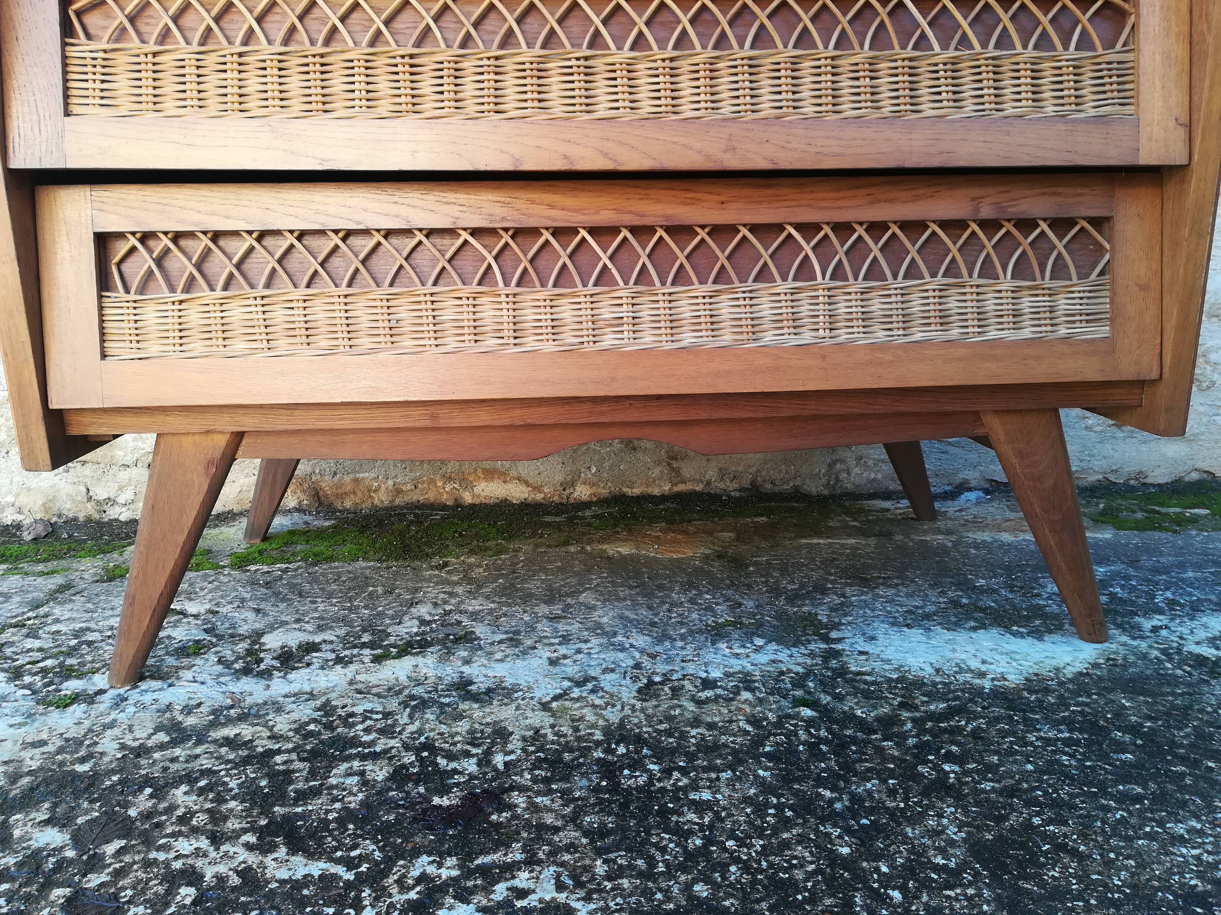 Vintage rattan and oak chest of drawers