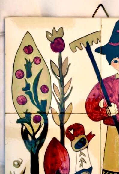 Vintage ceramic underside naïve rooster and gardener Dodik Bretagne naïve painting