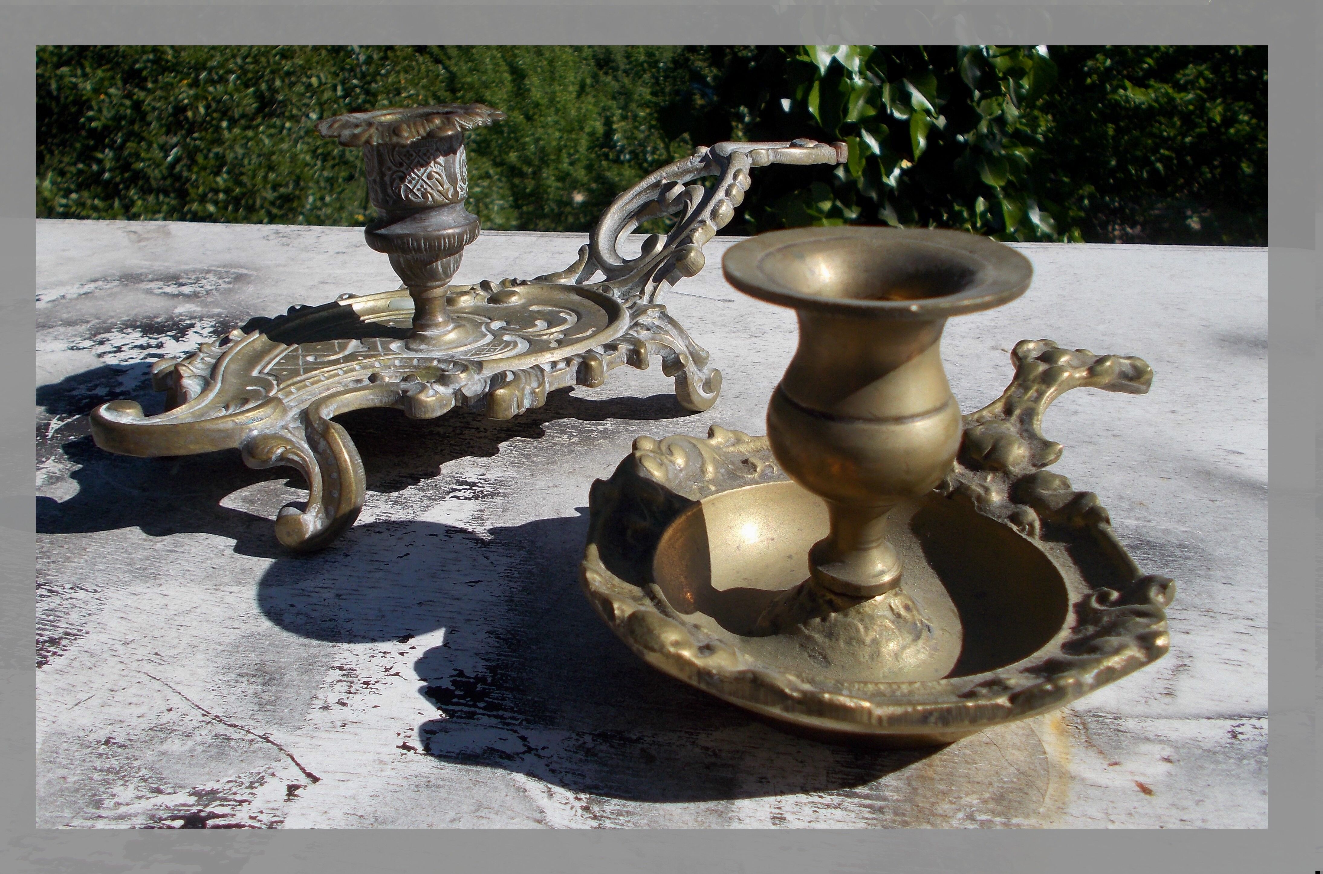 2 antique hand candlesticks Louis XV style rocaille bronze or brass