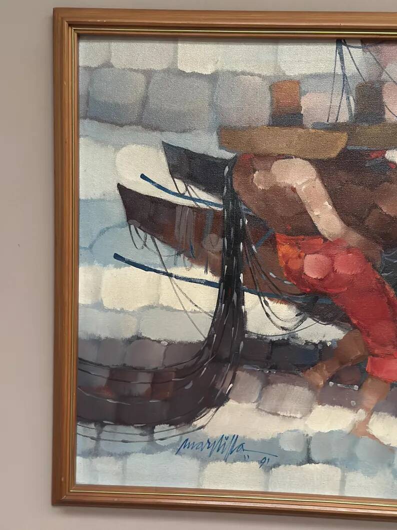 Swedish Oil on Panel"Fishermen" by Marylilla , Vintage and Framed