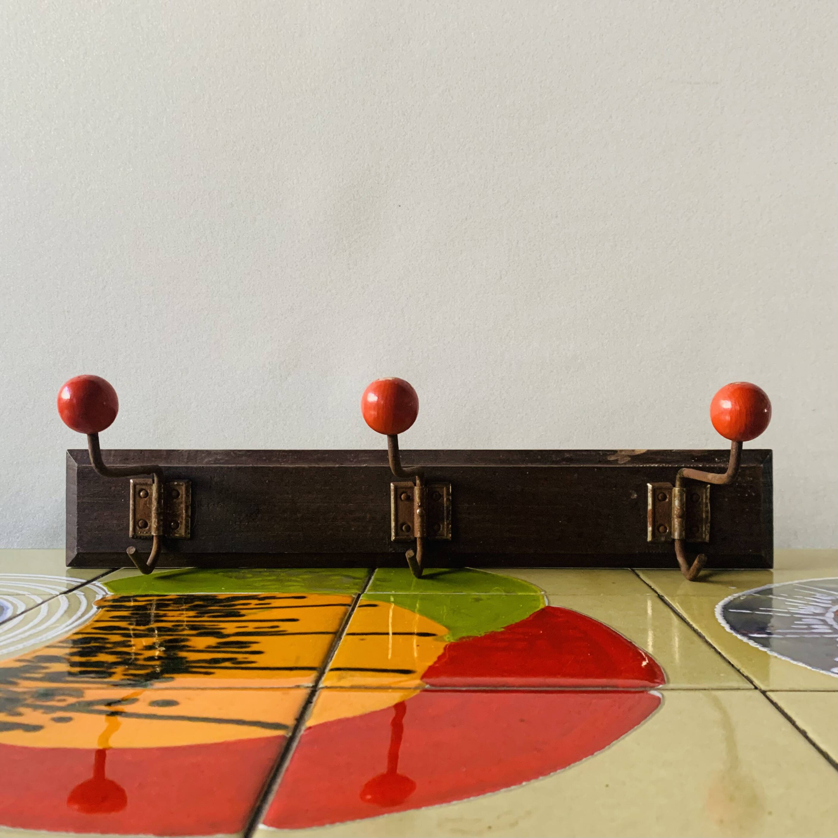 Vintage wooden wall coat rack - triple coat hook with red balls
