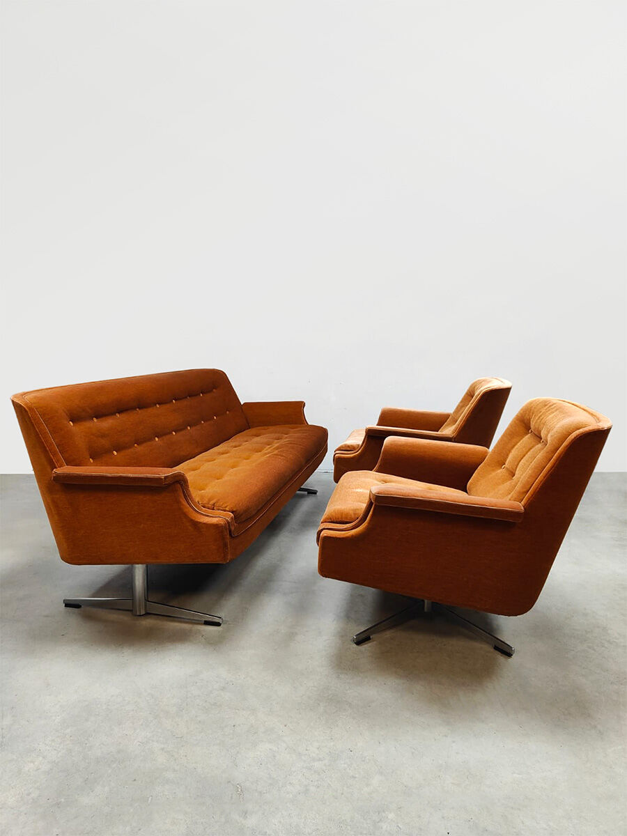 Midcentury lounge set swivel armchairs & sofa 'Madmen style'