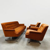 Midcentury lounge set swivel armchairs & sofa 'Madmen style'