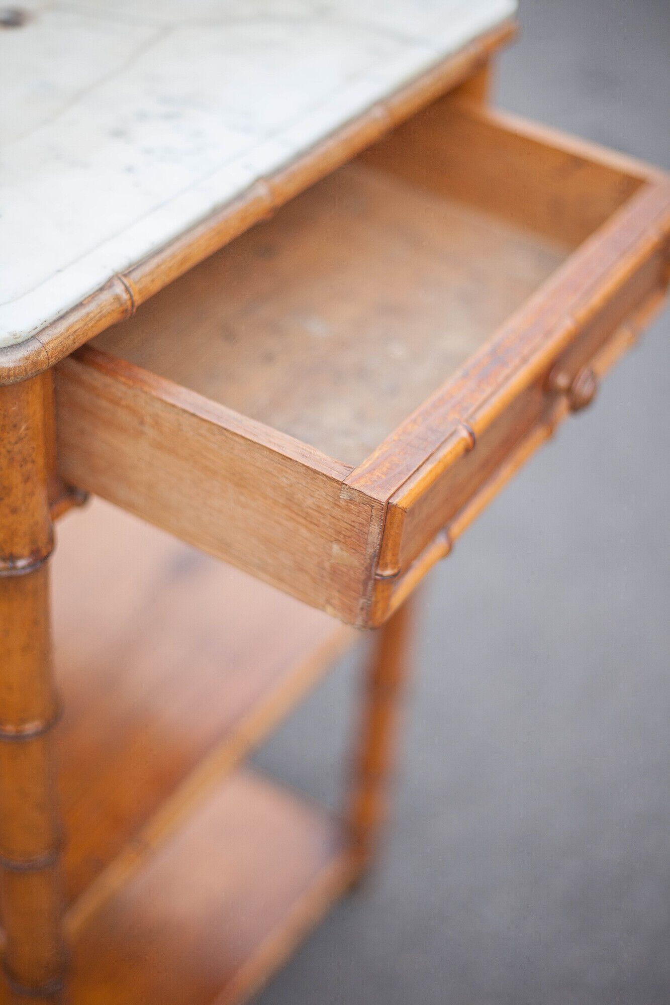 Bedside table wood imitation bamboo and marble colonial style, pedestal table, furniture 1 old drawer
