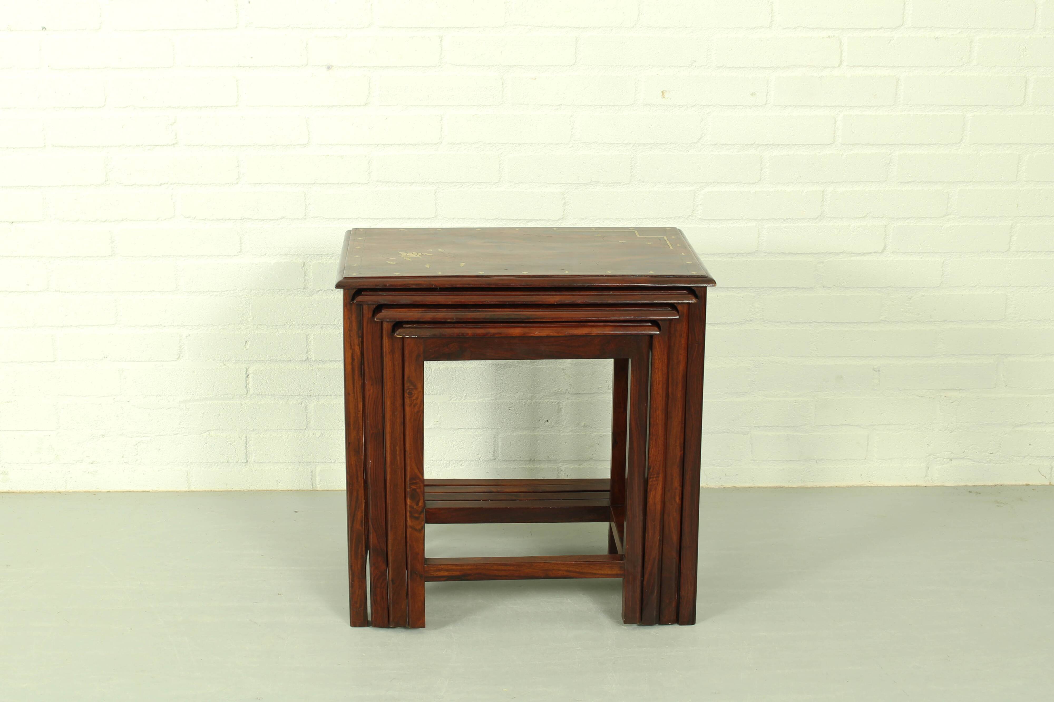 Italian Rosewood Nesting Tables with Copper Inlay