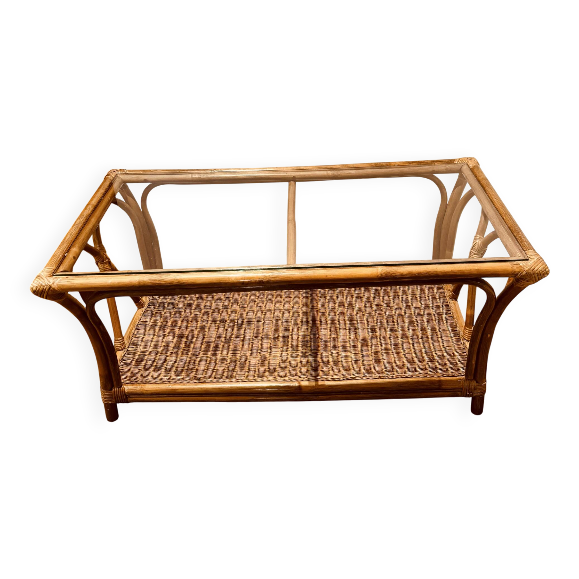 Grande table basse bambou et osier vintage