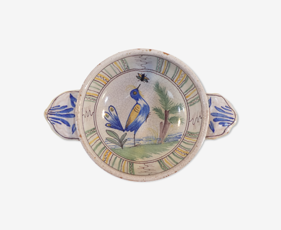 Ancien bol a oreilles en faience décor au oiseaux