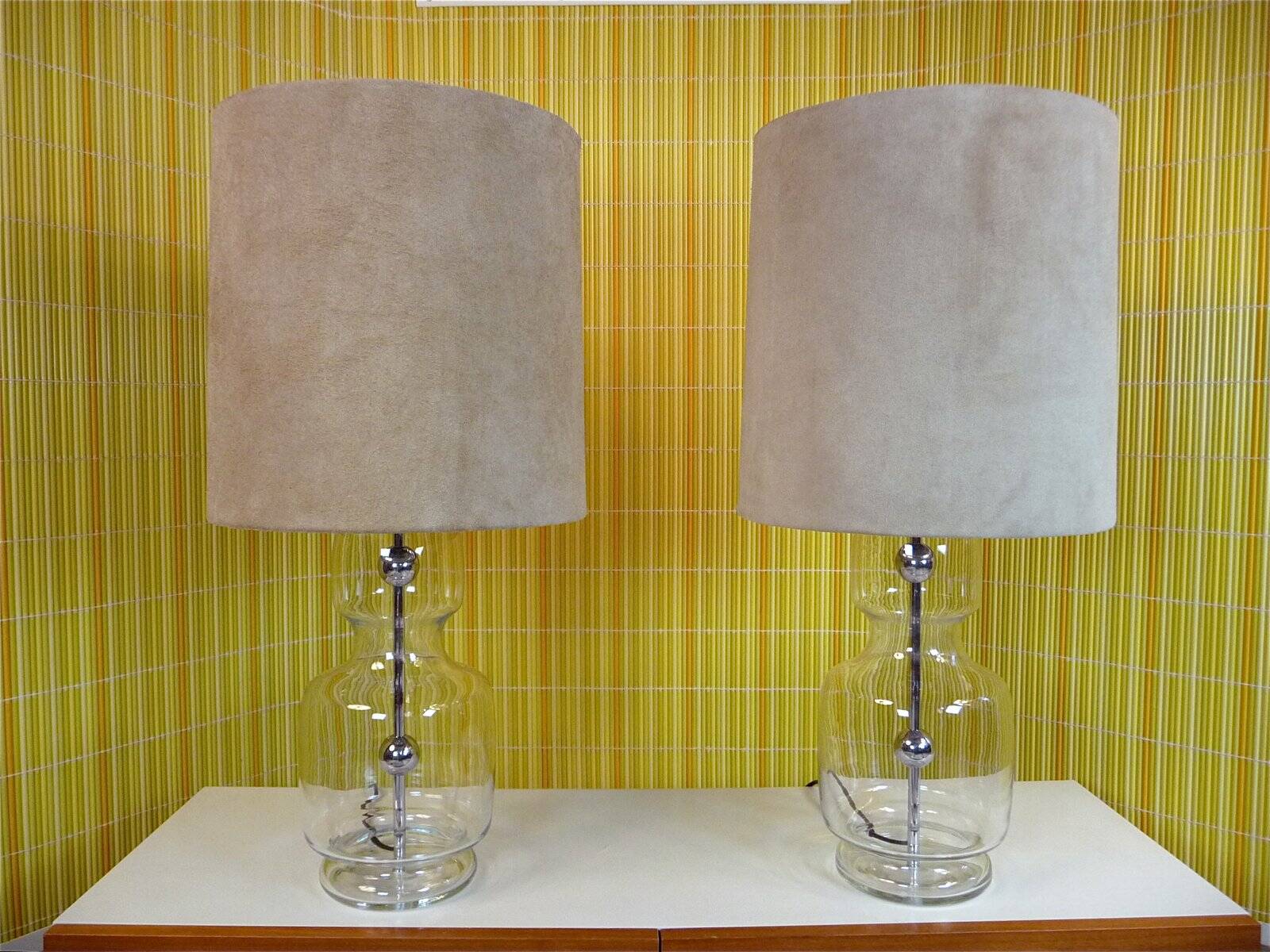 Set of 2 Glass & chrome table lamps with alcantara lampshades, 1960s