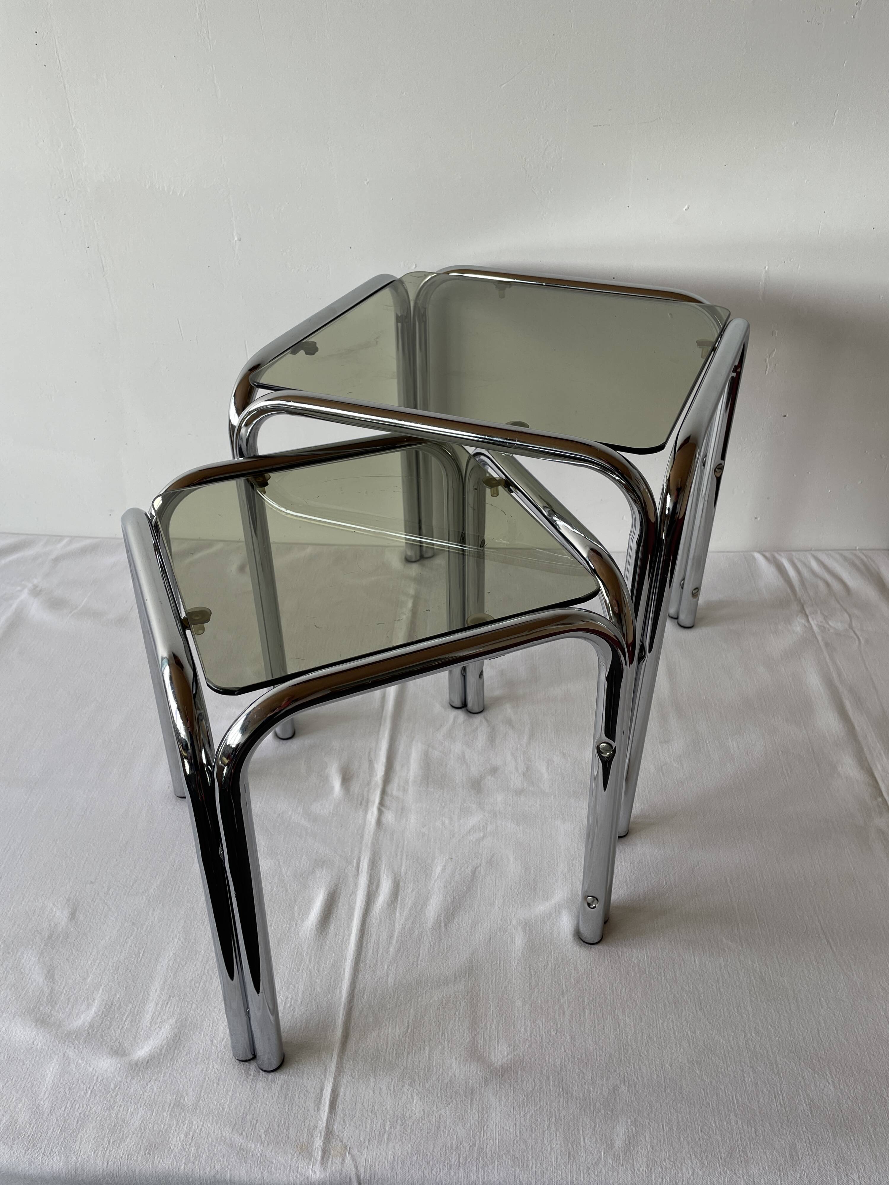 Chrome and smoked glass nesting tables, 1970s