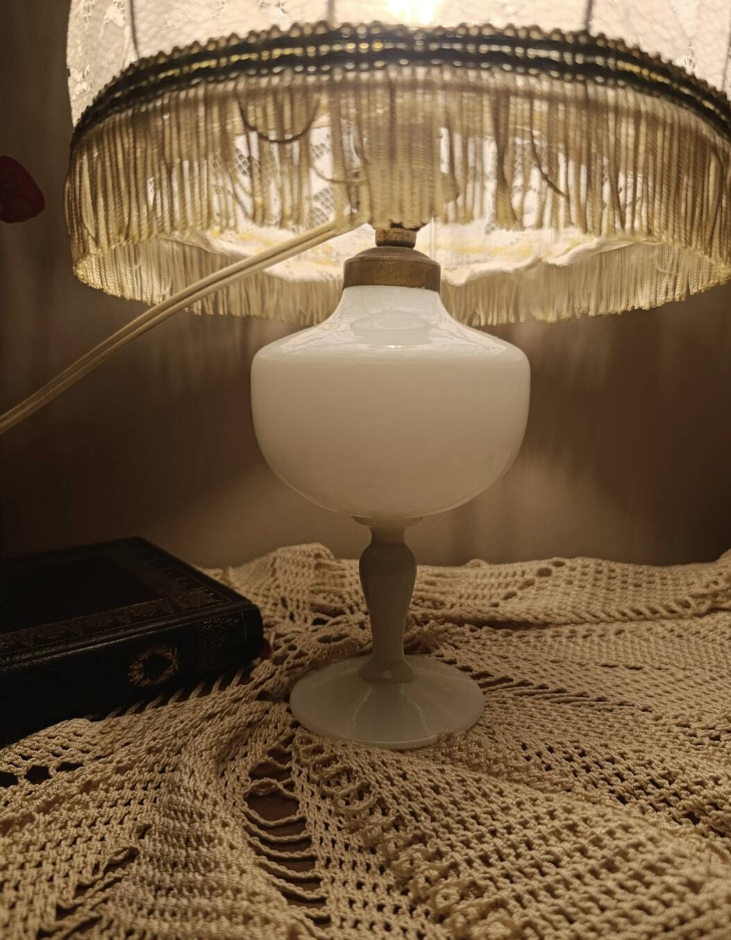 white bedside lamp with lace and opaline bohemian chic