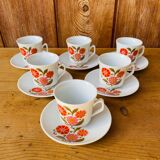 Set de tasses et sous tasses à café en porcelaine décor fleur vintage 70 Made in Italie