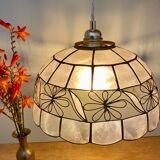 Vintage lampshade suspension in mother-of-pearl and brass