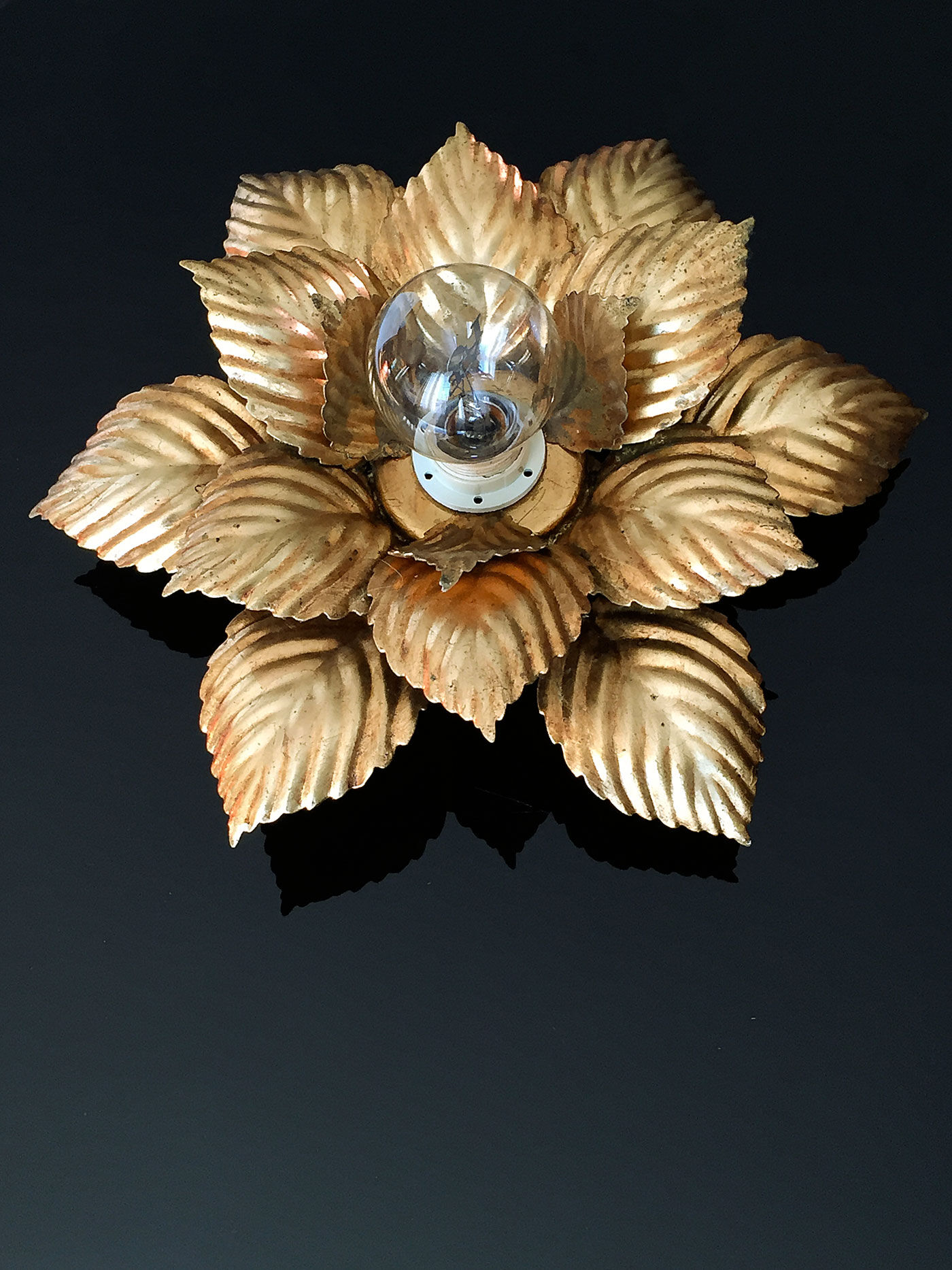 Masca floral wall lamp, metal with gold leaf, 1970