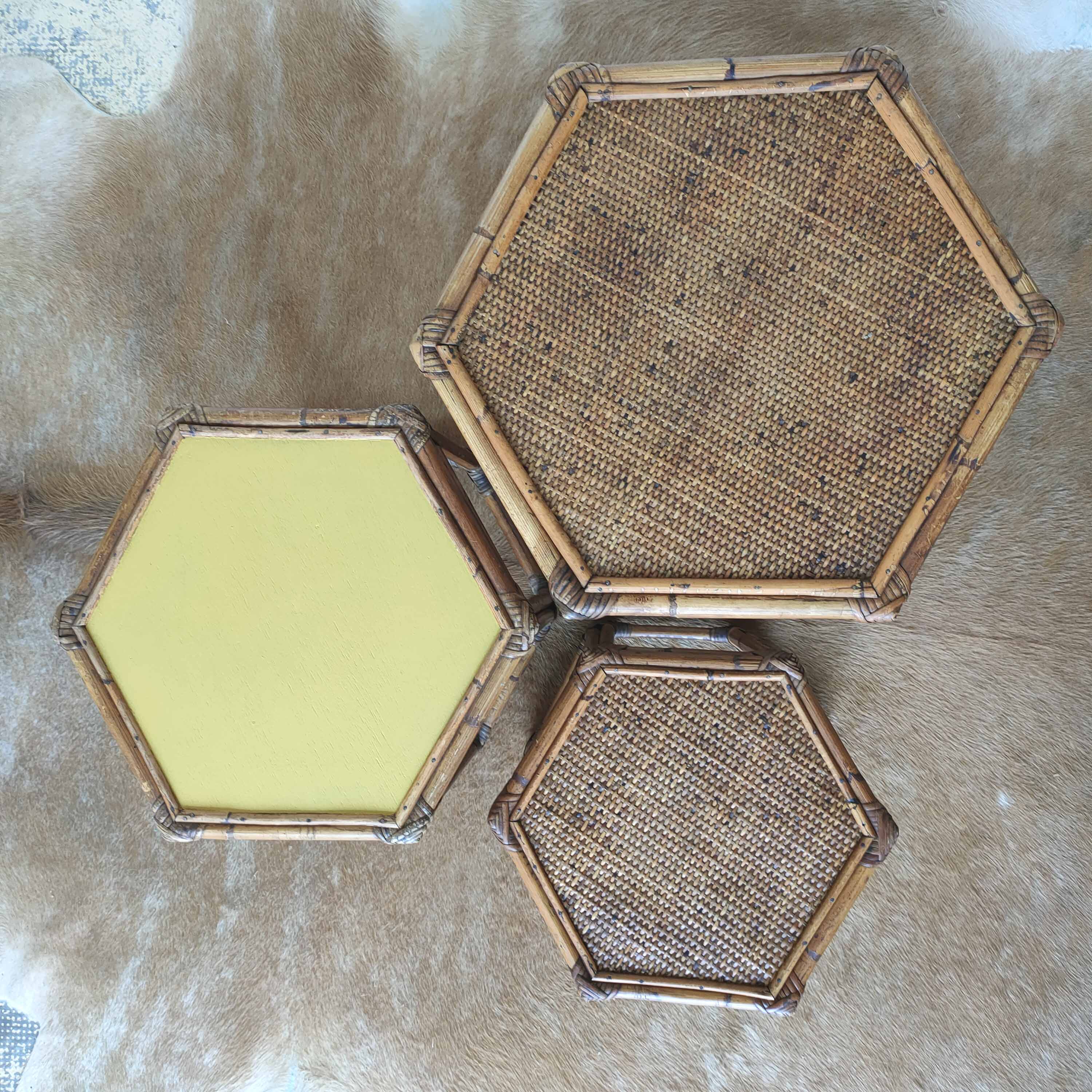 3 vintage rattan coffee tables hexagonal shape