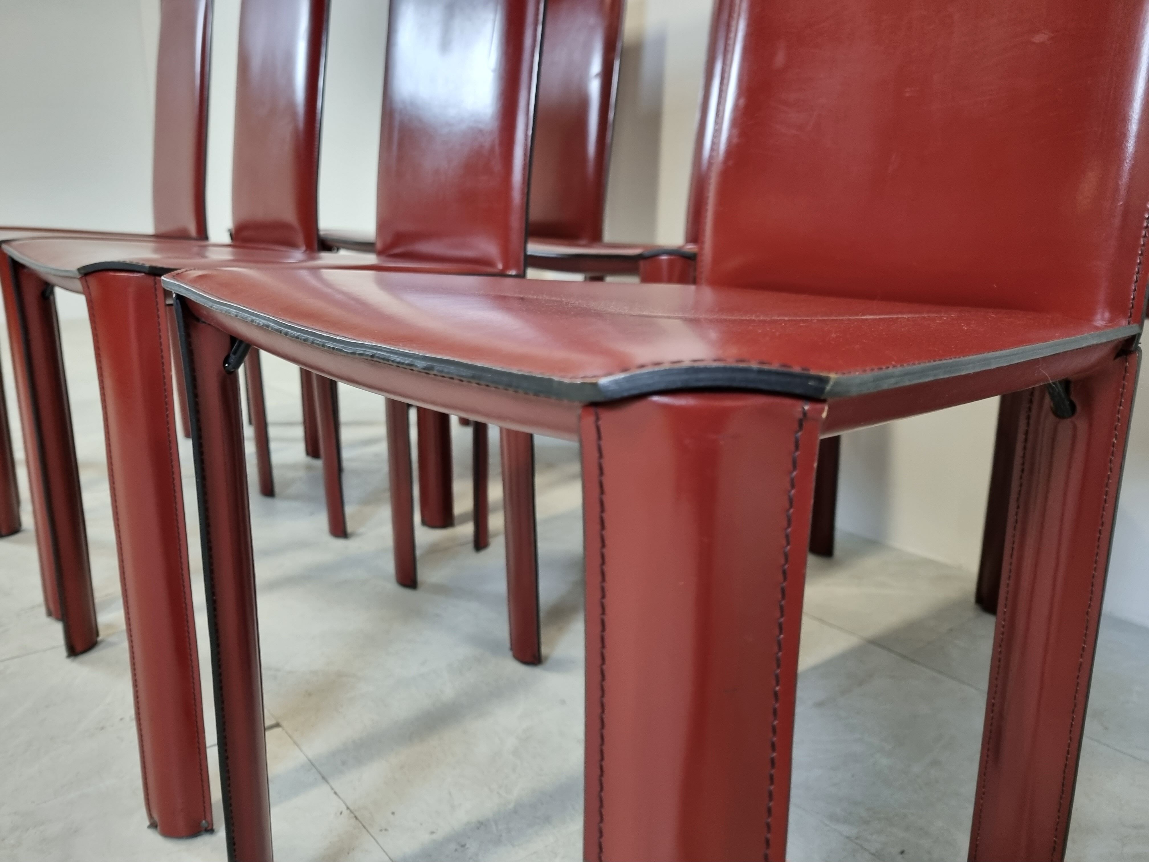 Red leather dining chairs by De Couro Brazil, 1980s - set of 8