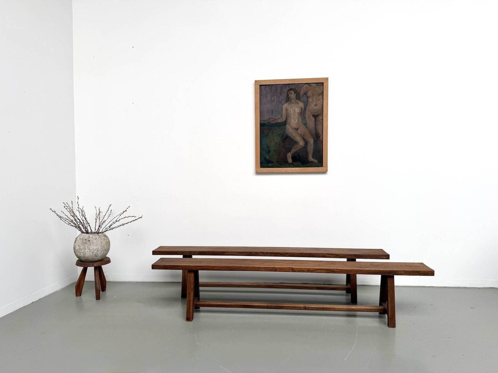 Pair of XL size benches in solid oak, 1950s.