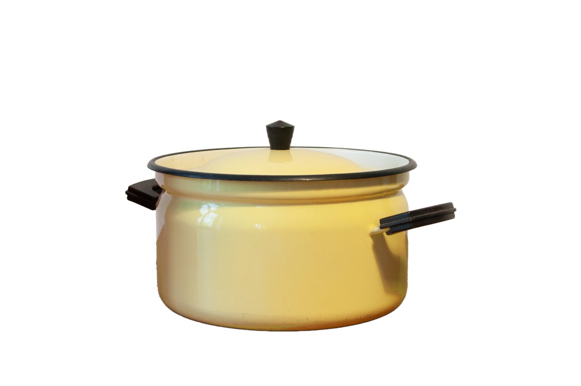 Bright yellow enameled metal stewpot - aubecq from the 1950s