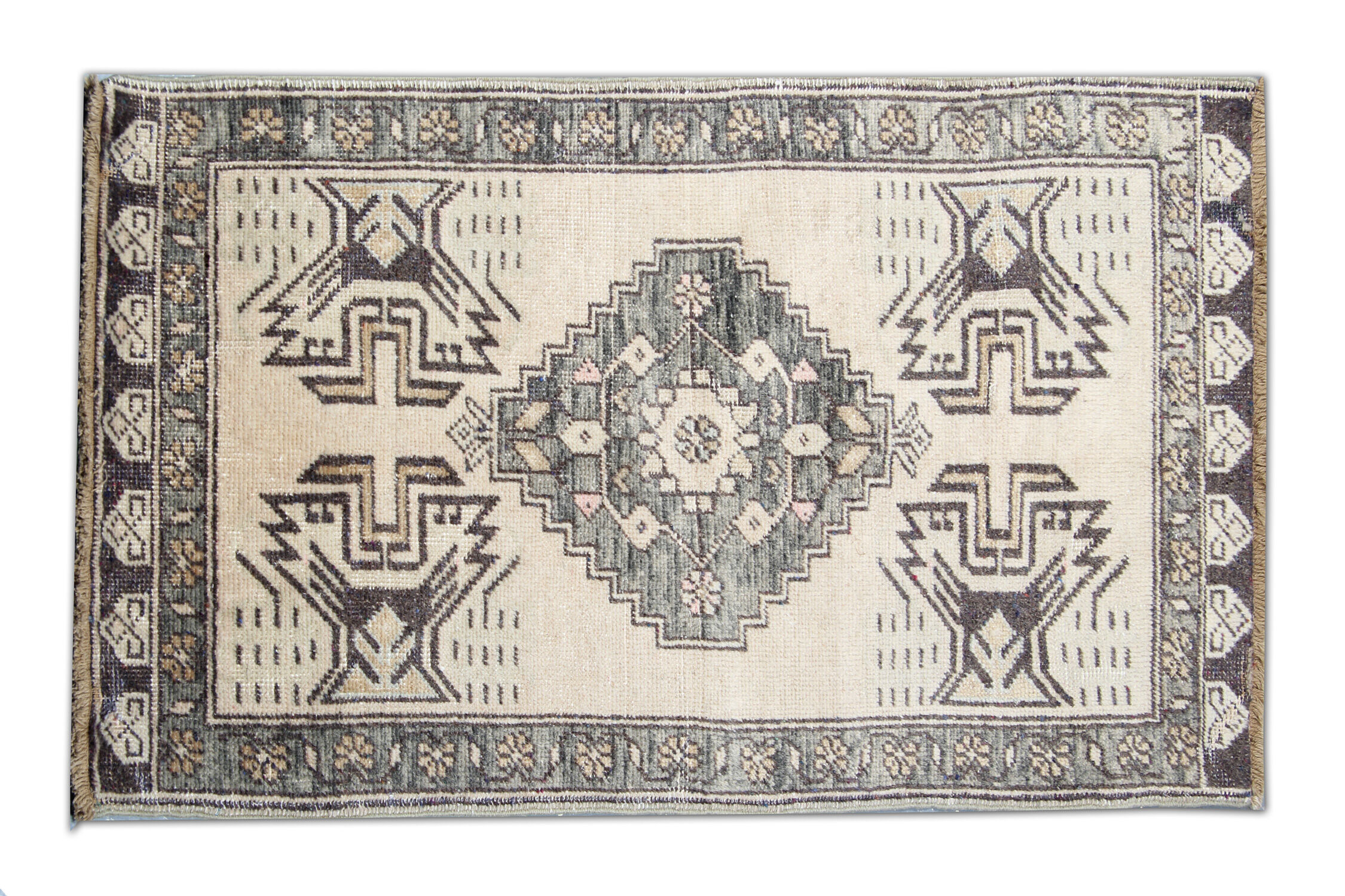 Turkish rug, handmade cream wool 54x116cm
