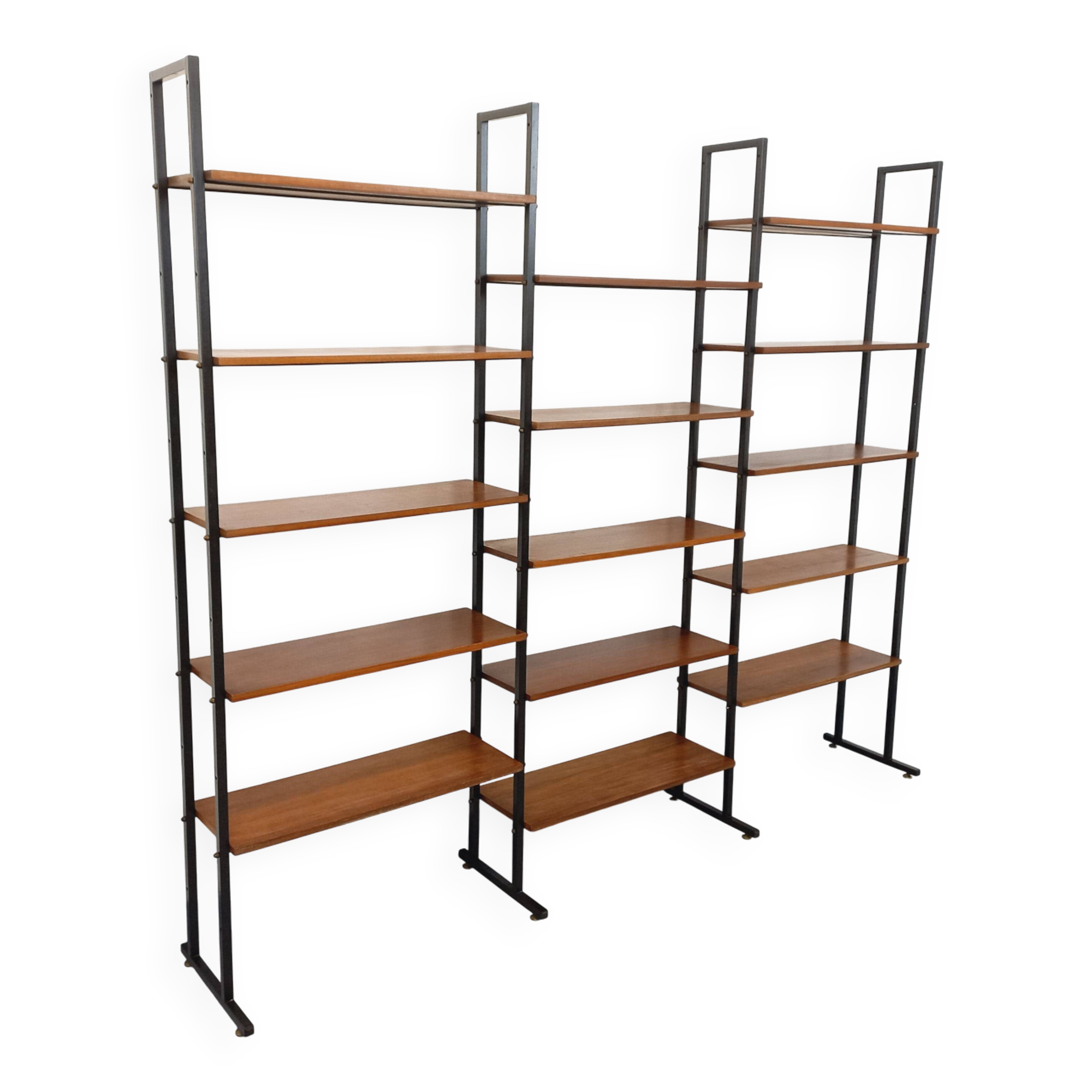 Vintage Italian triple modular bookshelf in teak and metal.